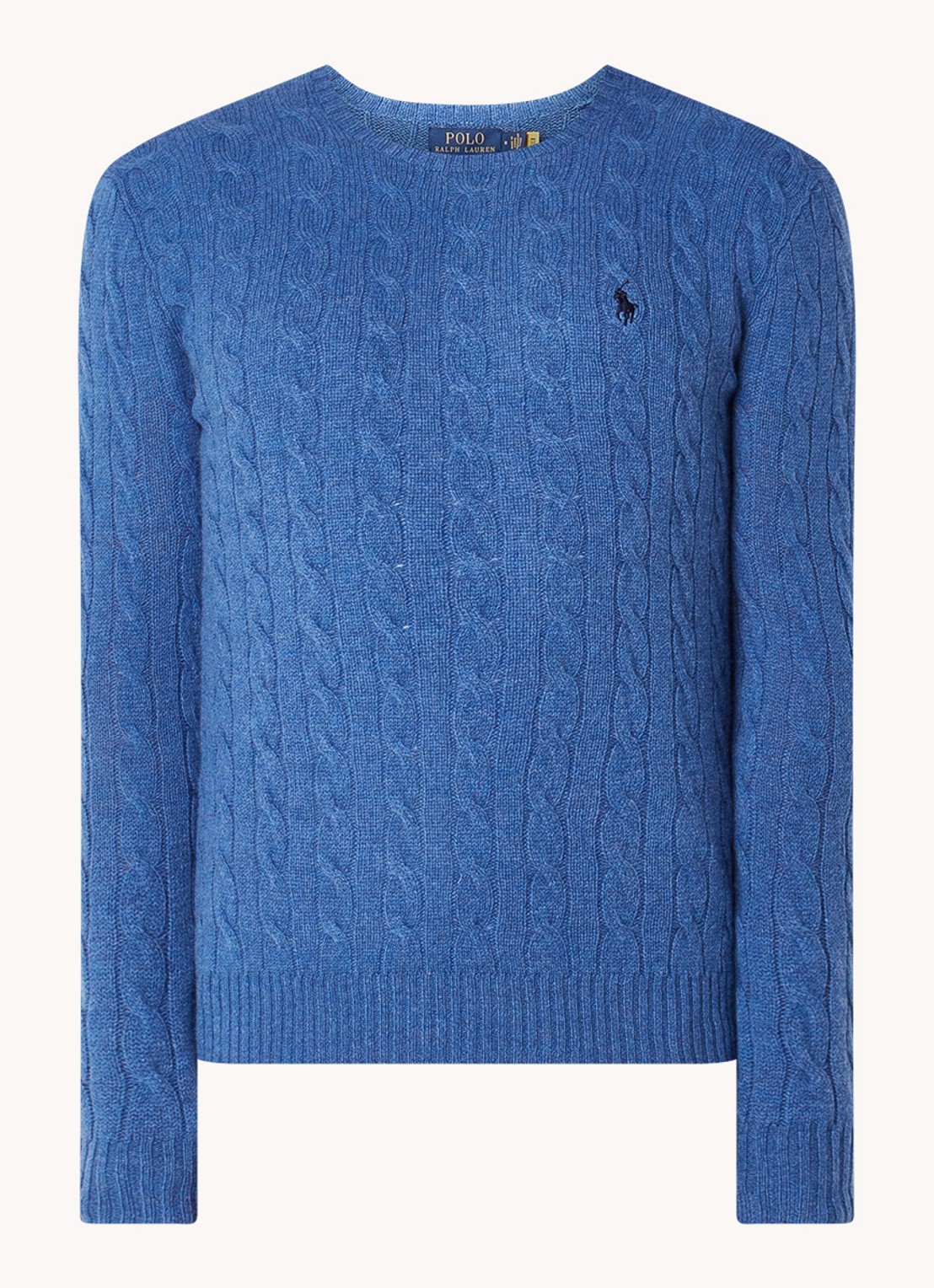 Ralph Lauren Kabelgebreide trui in kasjmierblend met logoborduring - voorkant 3 twilight blue heather / lichtblauw