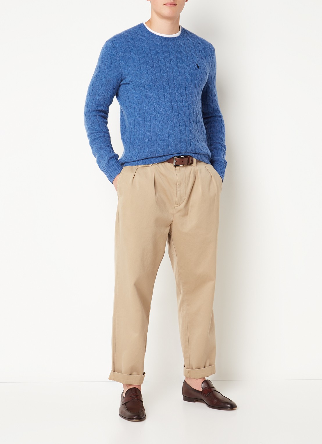 Ralph Lauren Kabelgebreide trui in kasjmierblend met logoborduring - voorkant 4 twilight blue heather / lichtblauw
