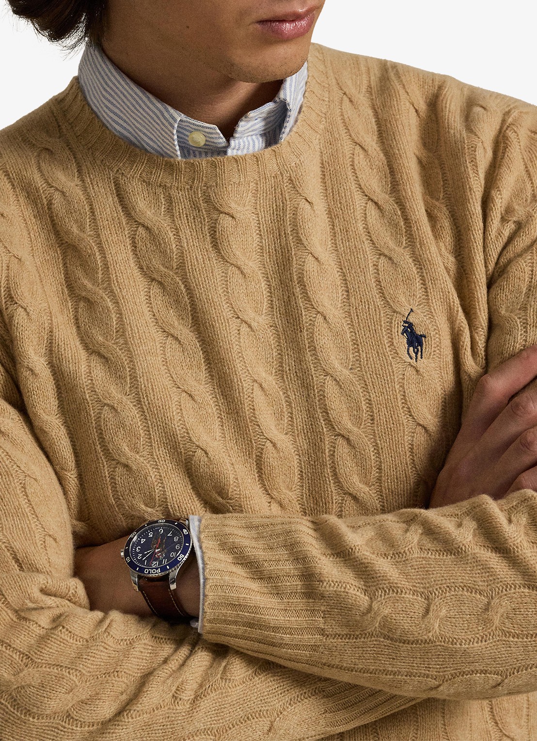 Ralph Lauren Kabelgebreide trui in kasjmierblend met logoborduring - detail 2 camel melange / camel