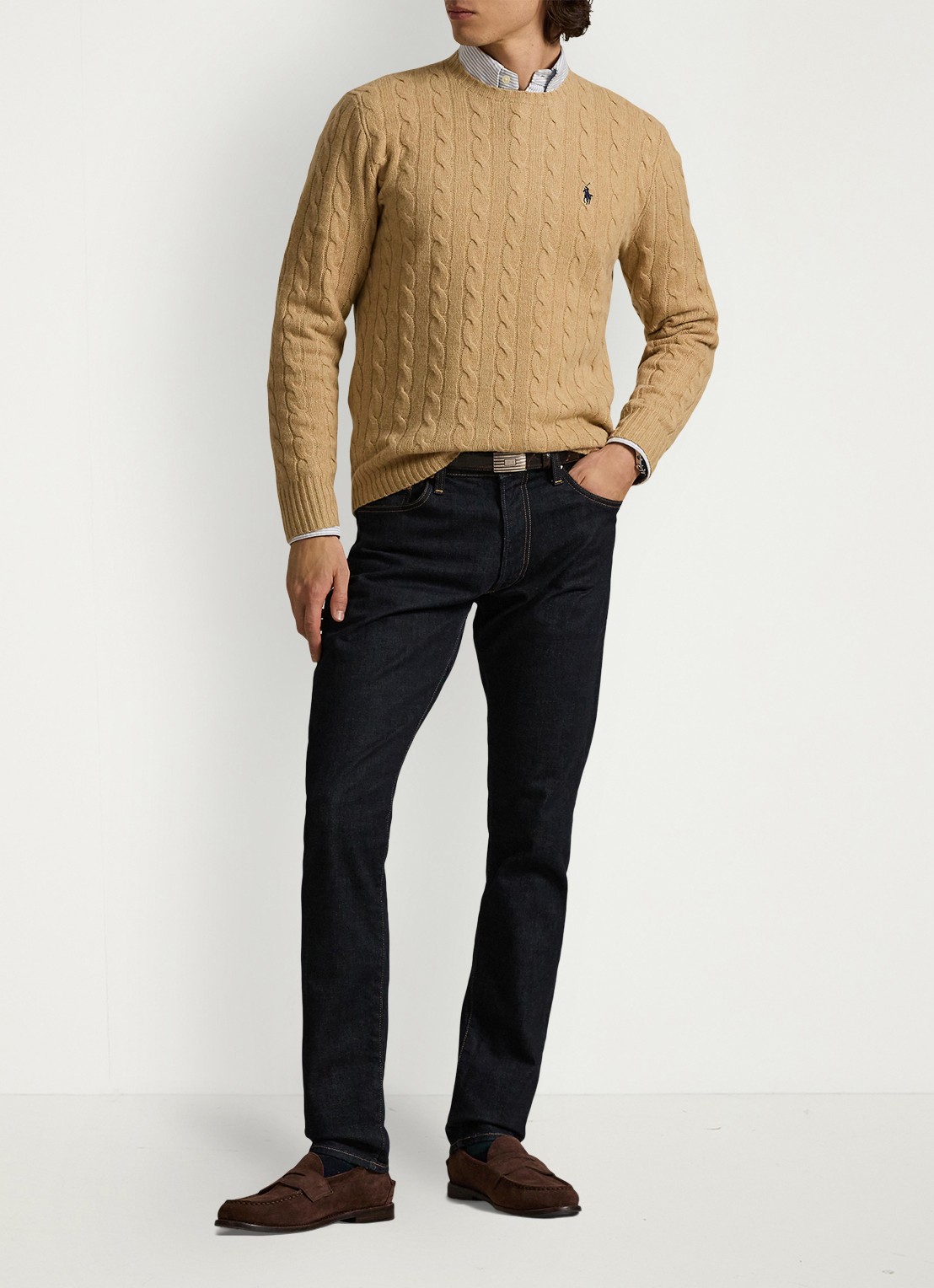 Ralph Lauren Kabelgebreide trui in kasjmierblend met logoborduring - voorkant 5 camel melange / camel