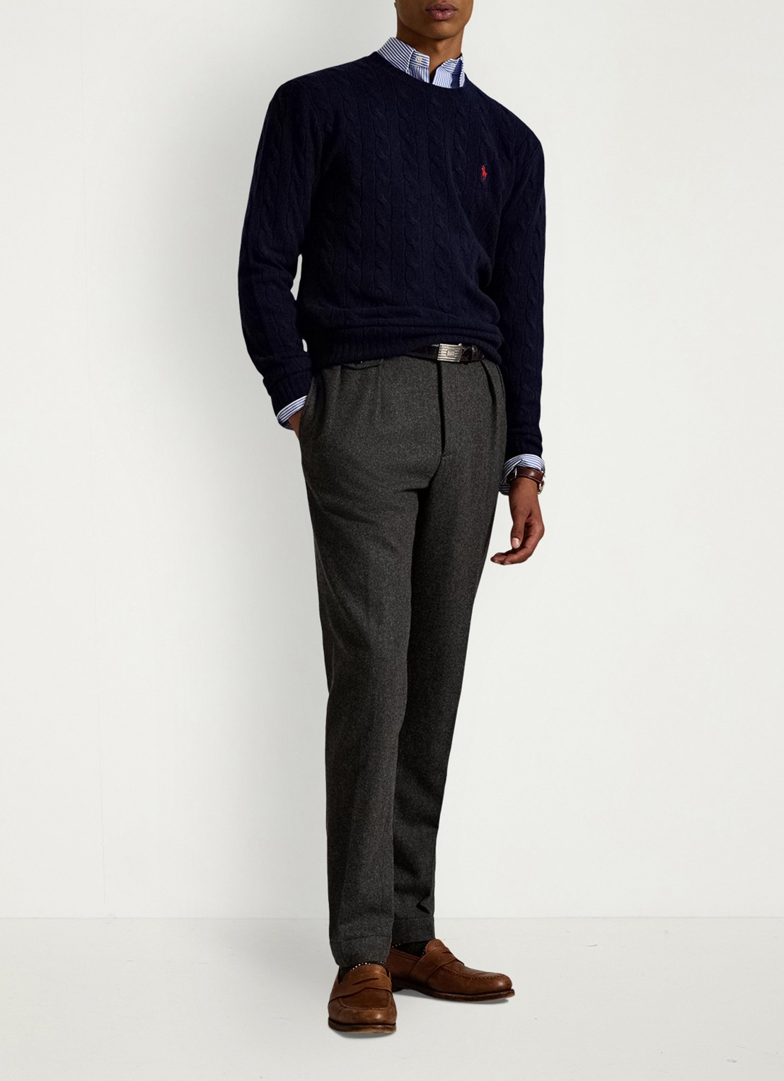 Ralph Lauren Kabelgebreide trui in kasjmierblend met logoborduring - voorkant 2 hunter navy / blauw