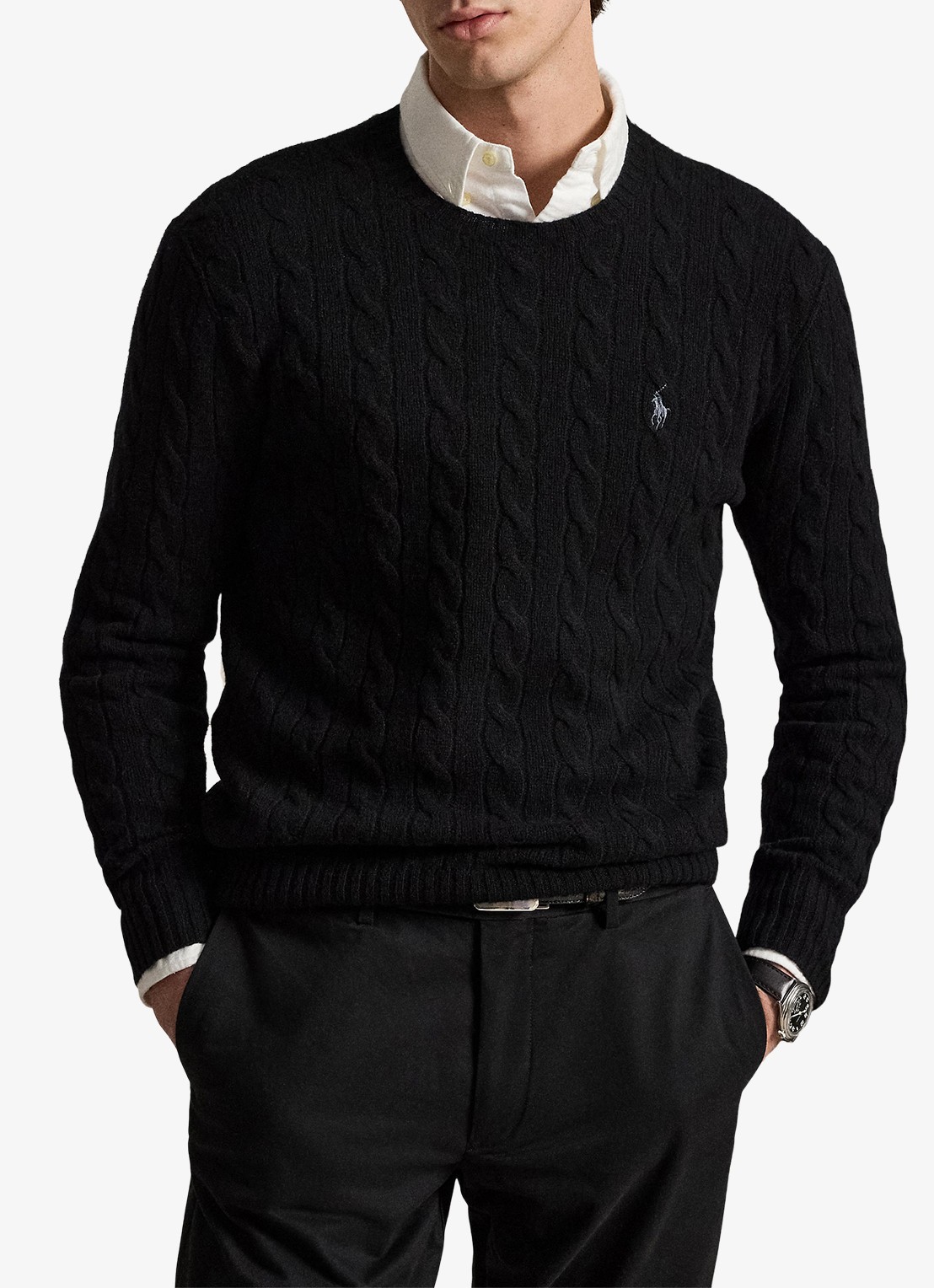 Ralph Lauren Kabelgebreide trui in kasjmierblend met logoborduring - voorkant 2 polo black / zwart