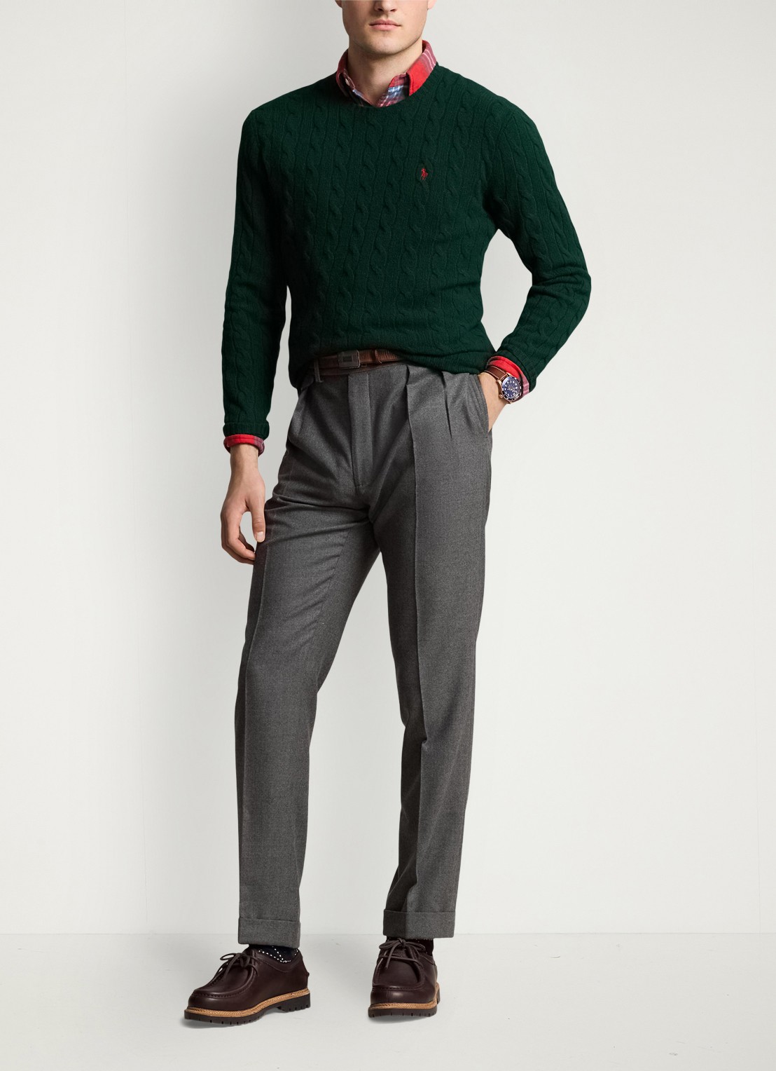Ralph Lauren Kabelgebreide trui in kasjmierblend met logoborduring - voorkant 5 moss agate / groen