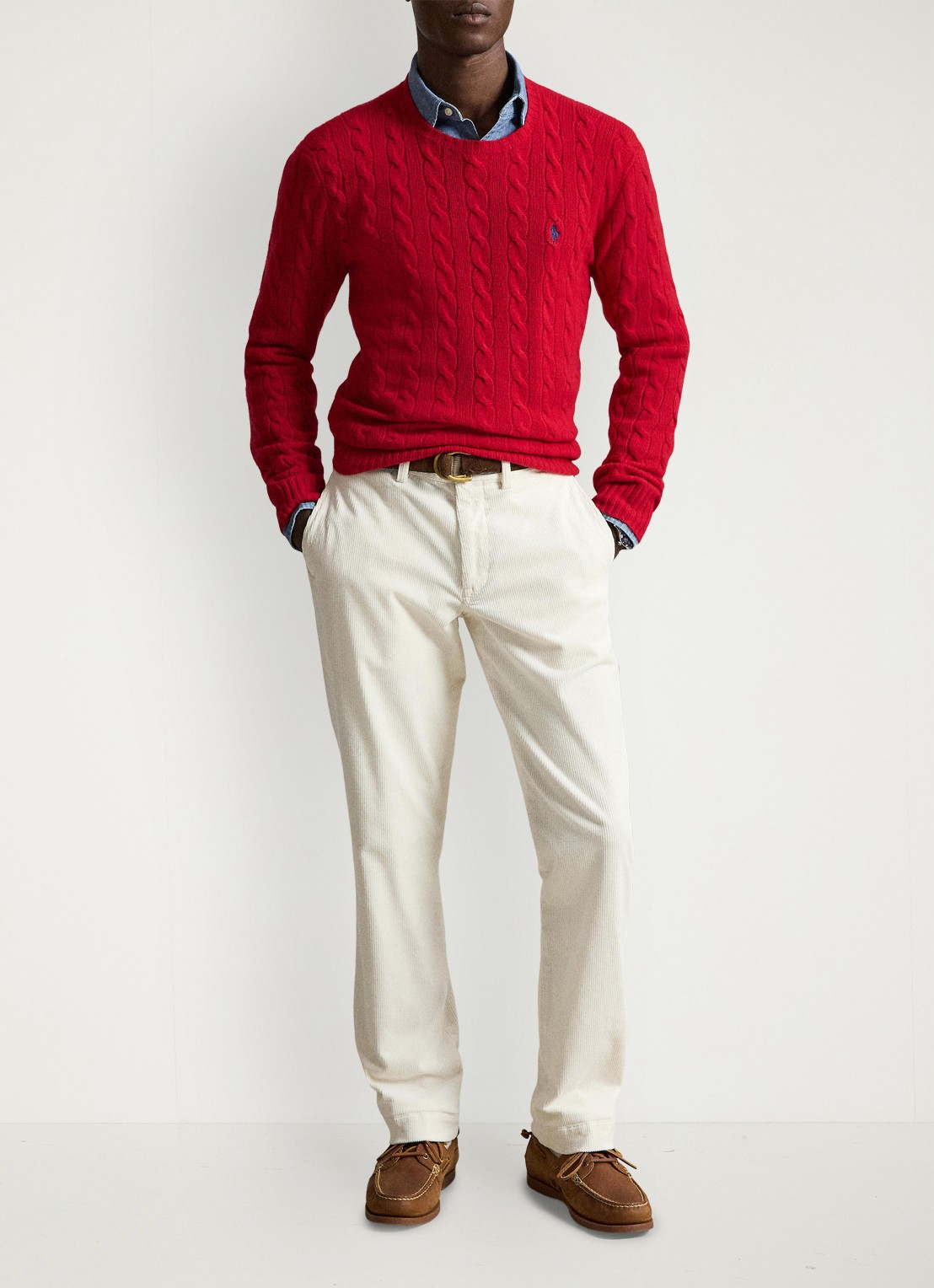 Ralph Lauren Kabelgebreide trui in kasjmierblend met logoborduring - detail 3 park ave red / rood
