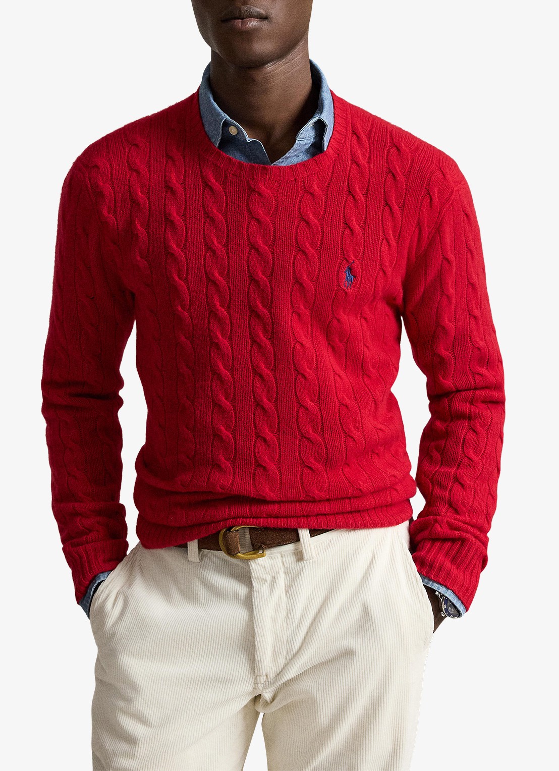 Ralph Lauren Kabelgebreide trui in kasjmierblend met logoborduring - voorkant 2 park ave red / rood