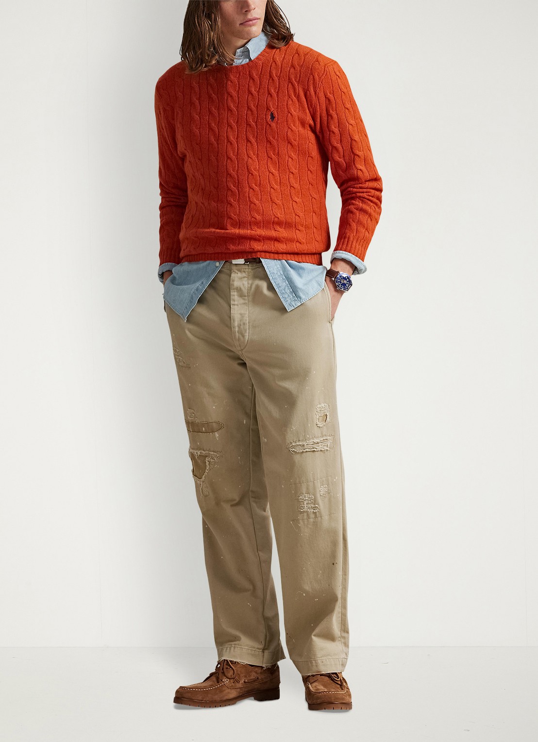 Ralph Lauren Kabelgebreide trui in kasjmierblend met logoborduring - voorkant 3 dark jaffa orange / oranje
