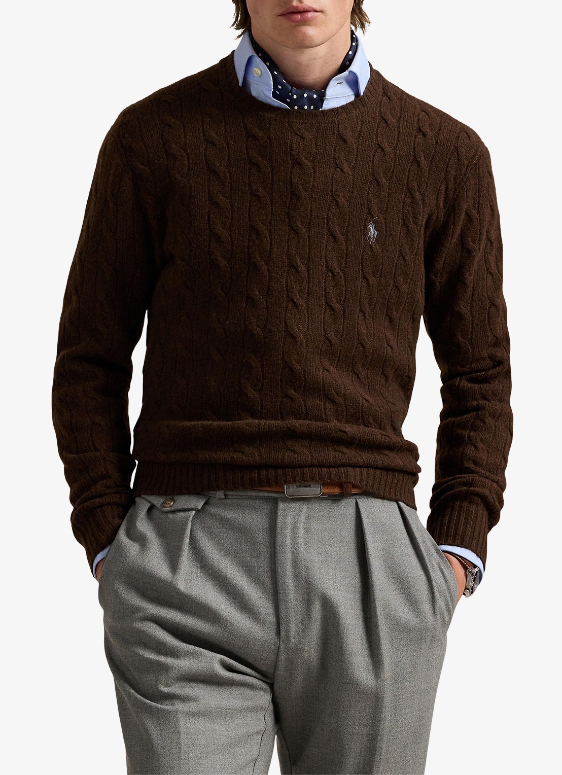 Ralph Lauren Kabelgebreide trui in kasjmierblend met logoborduring - detail cacao brown heather / brown