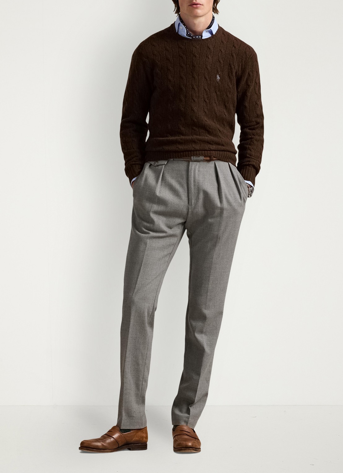 Ralph Lauren Kabelgebreide trui in kasjmierblend met logoborduring - voorkant 4 cacao brown heather / brown