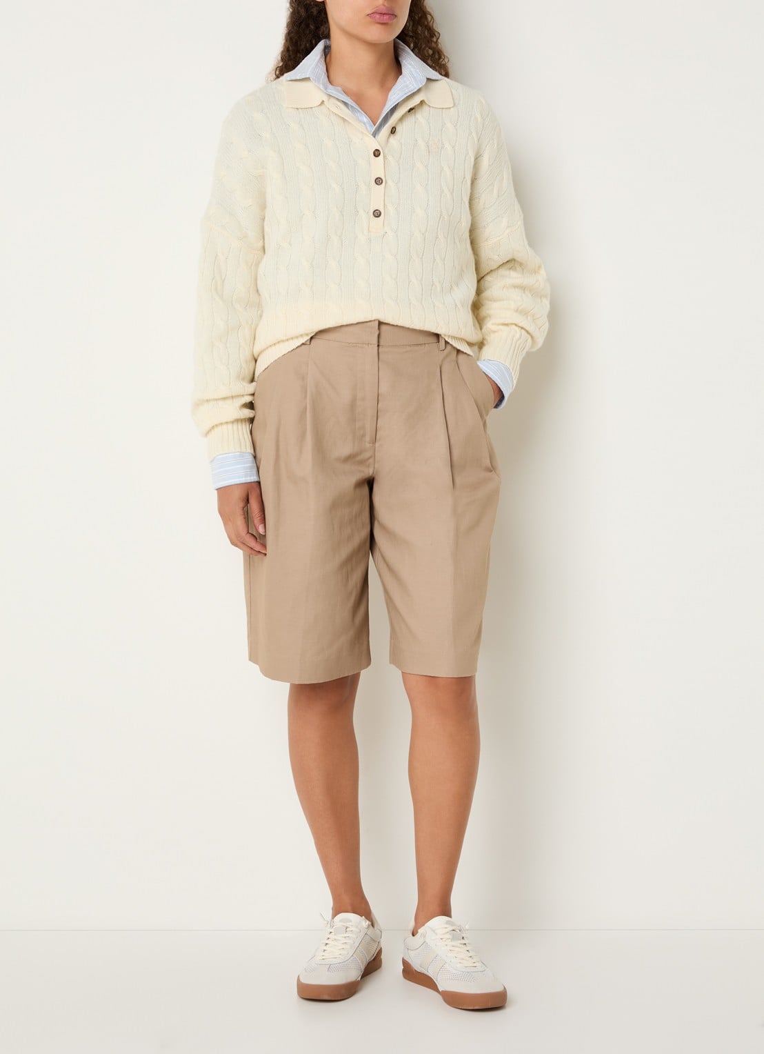 Ralph Lauren Kabelgebreide trui in kasjmierblend met polokraag en logoborduring - voorkant 3 gebroken wit