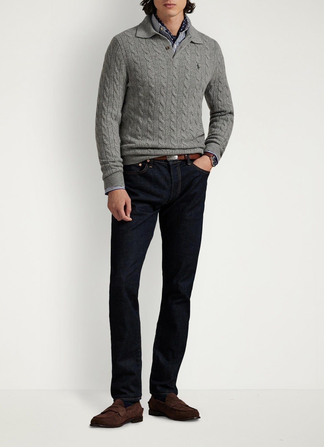 Ralph Lauren Kabelgebreide trui in kasjmierblend met polokraag - detail fawn grey heather / grijs