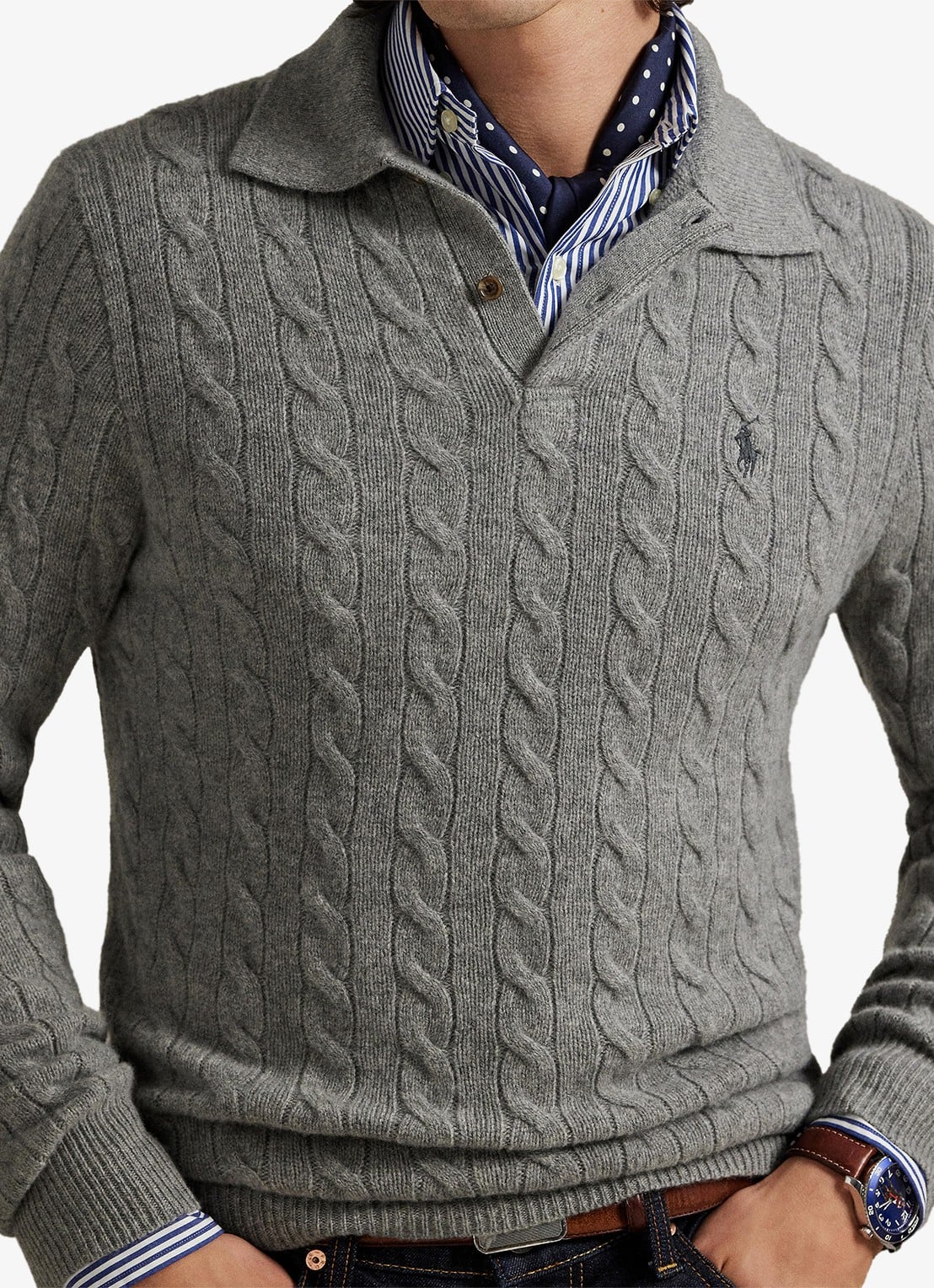 Ralph Lauren Kabelgebreide trui in kasjmierblend met polokraag - detail 2 fawn grey heather / grijs