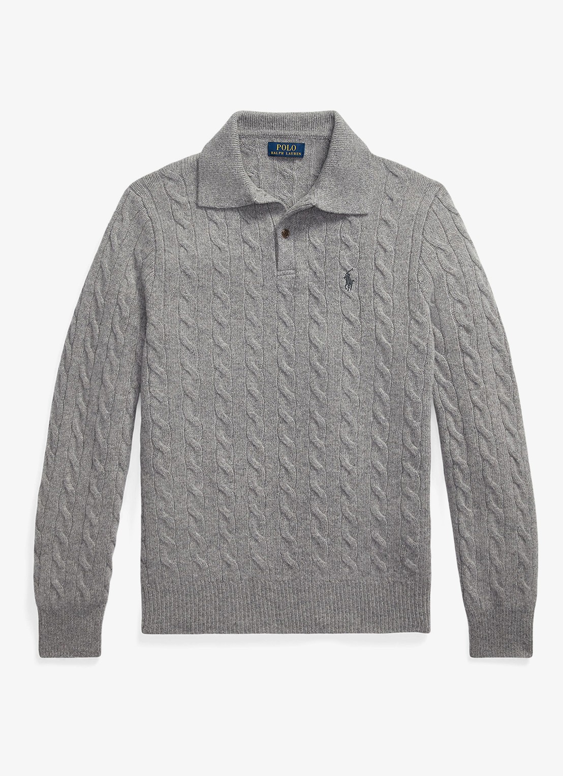 Ralph Lauren Kabelgebreide trui in kasjmierblend met polokraag - voorkant 4 fawn grey heather / grijs