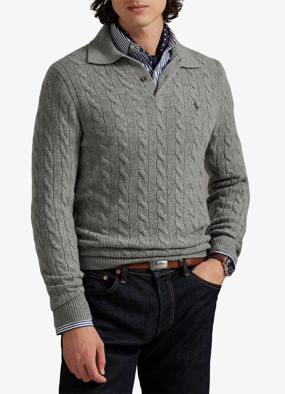 Ralph Lauren Kabelgebreide trui in kasjmierblend met polokraag - voorkant 5 fawn grey heather / grijs