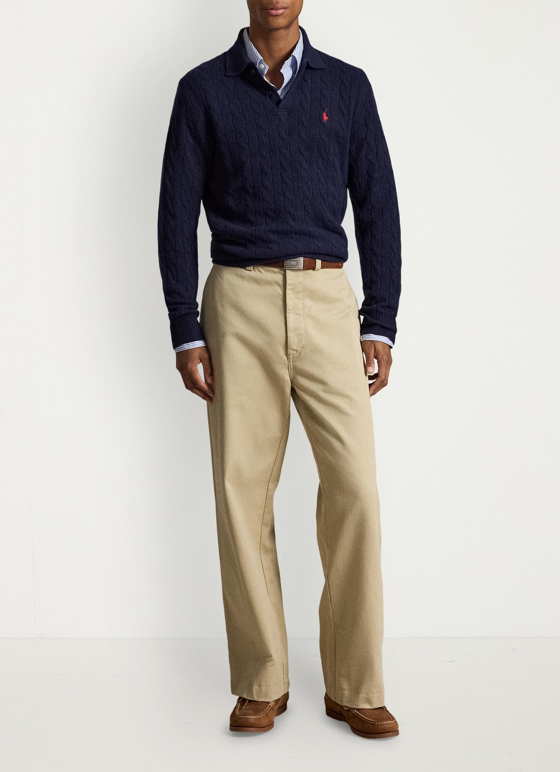 Ralph Lauren Kabelgebreide trui in kasjmierblend met polokraag - detail hunter navy / donkerblauw