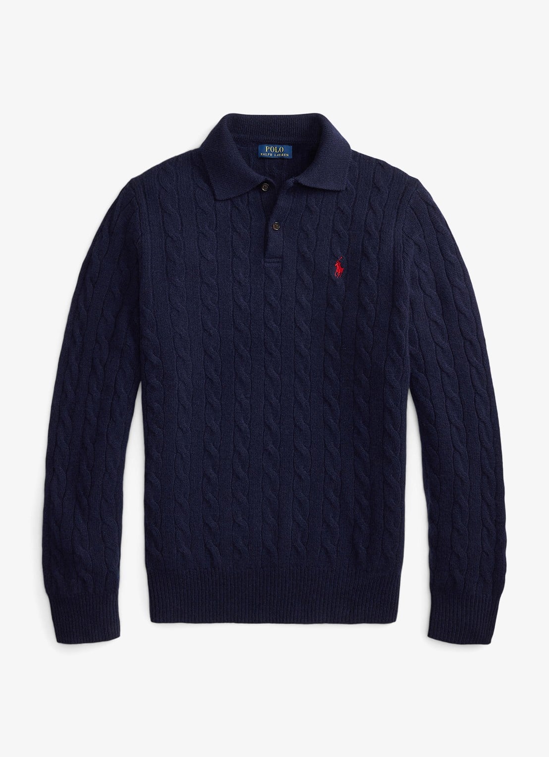 Ralph Lauren Kabelgebreide trui in kasjmierblend met polokraag - voorkant 4 hunter navy / donkerblauw