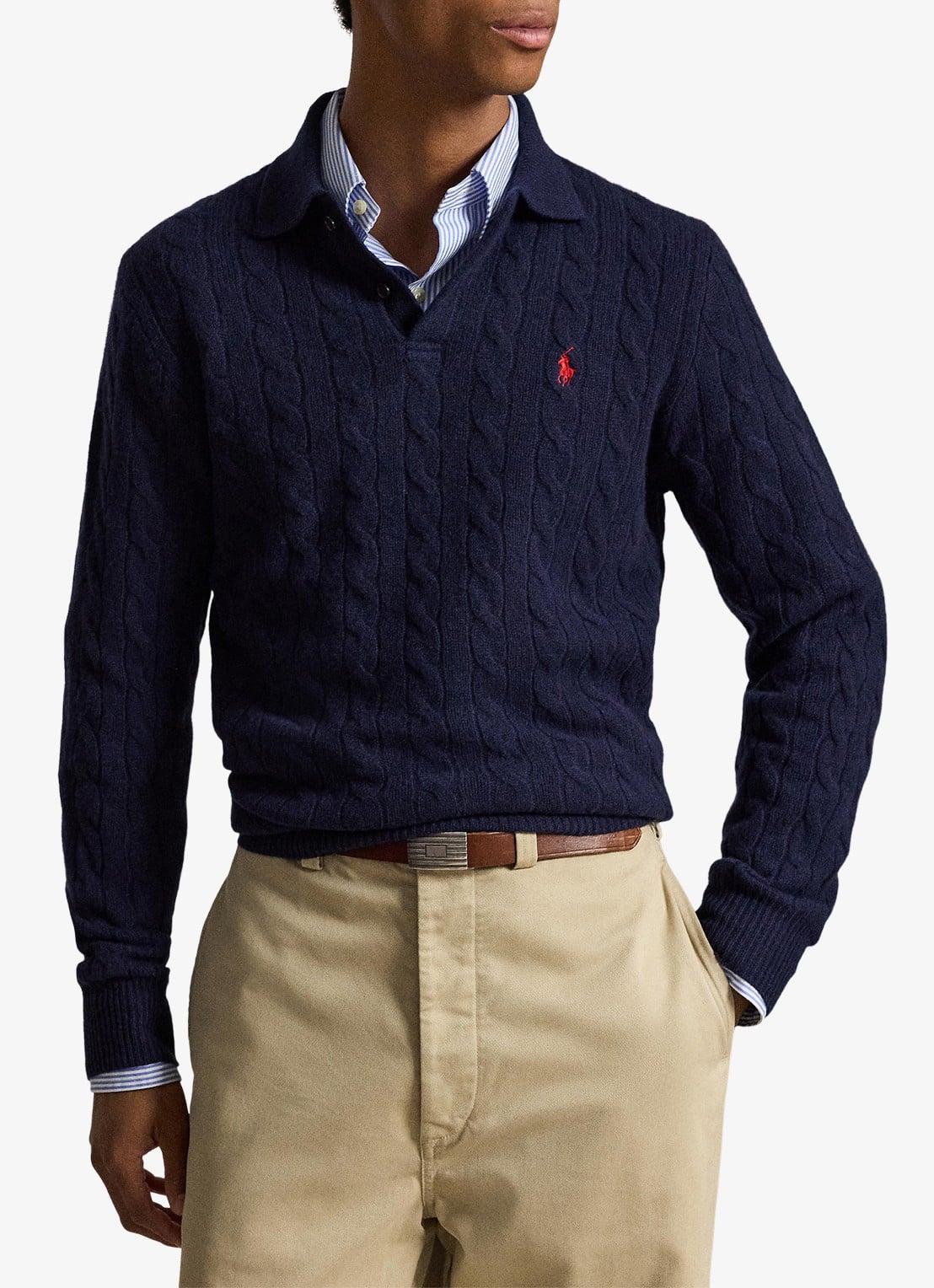 Ralph Lauren Kabelgebreide trui in kasjmierblend met polokraag - voorkant 5 hunter navy / donkerblauw