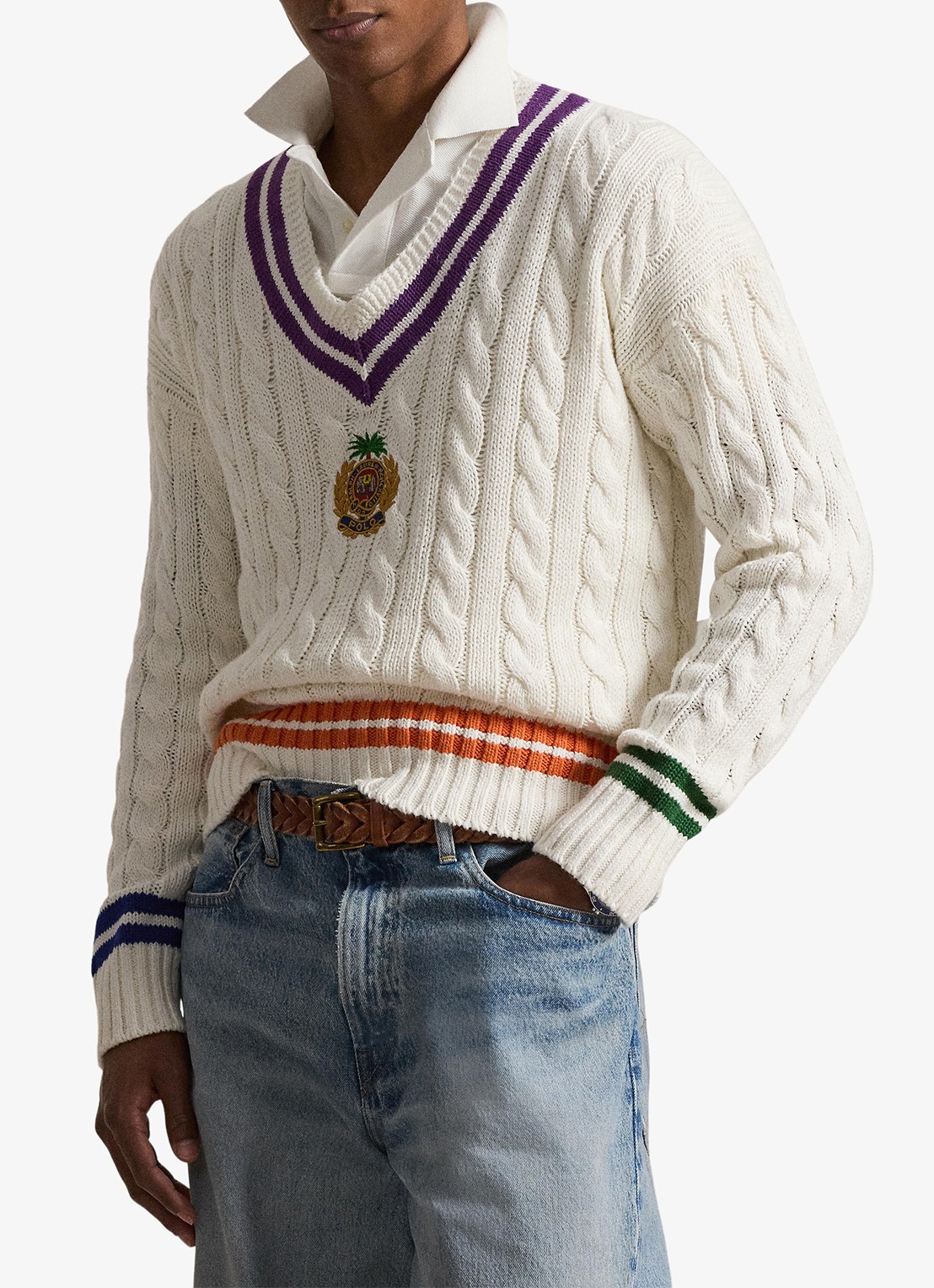 Ralph Lauren Kabelgebreide trui in linnenblend met logoborduring - detail cream combo-3sat