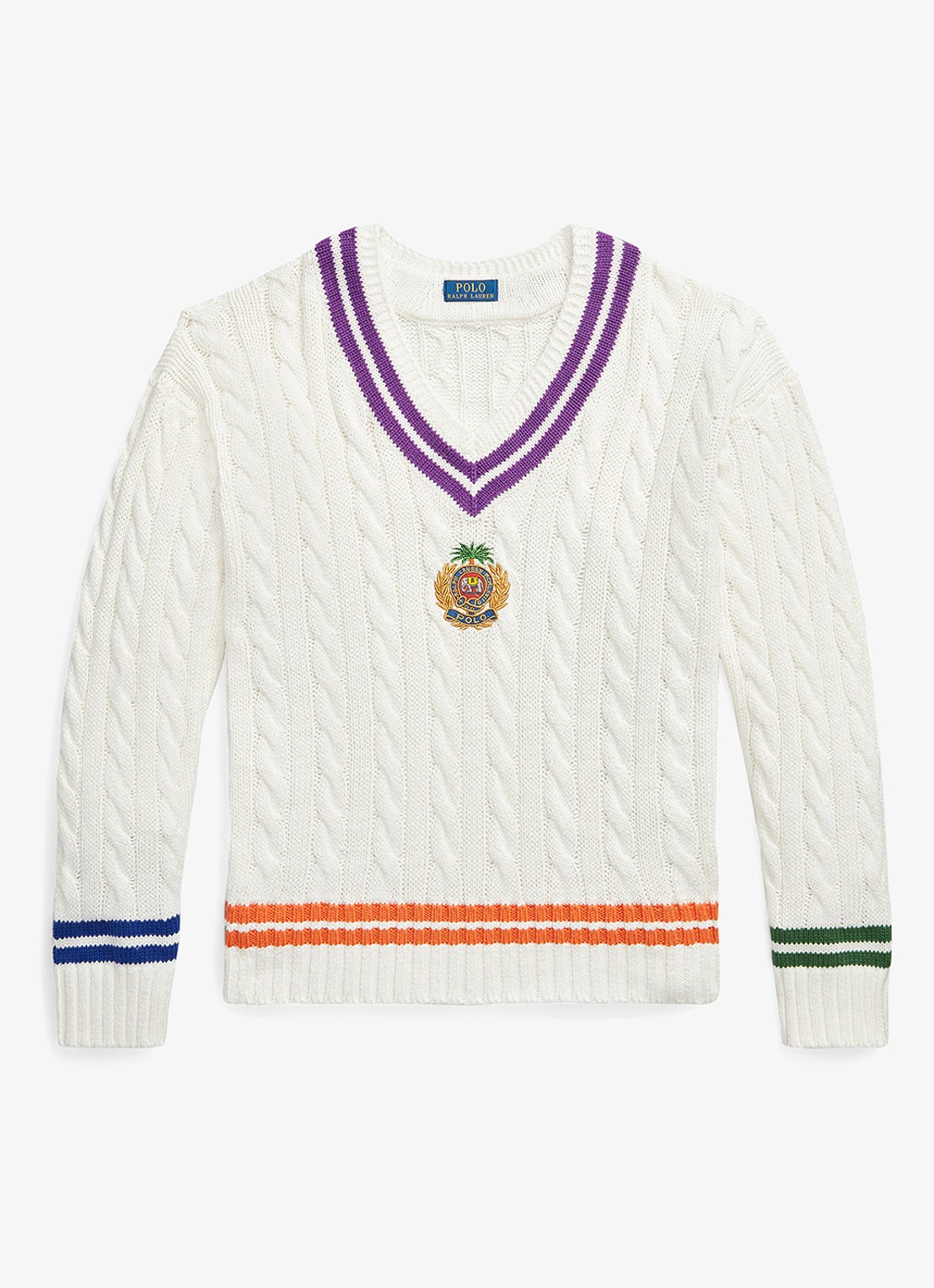 Ralph Lauren Kabelgebreide trui in linnenblend met logoborduring - voorkant 5 cream combo-3sat