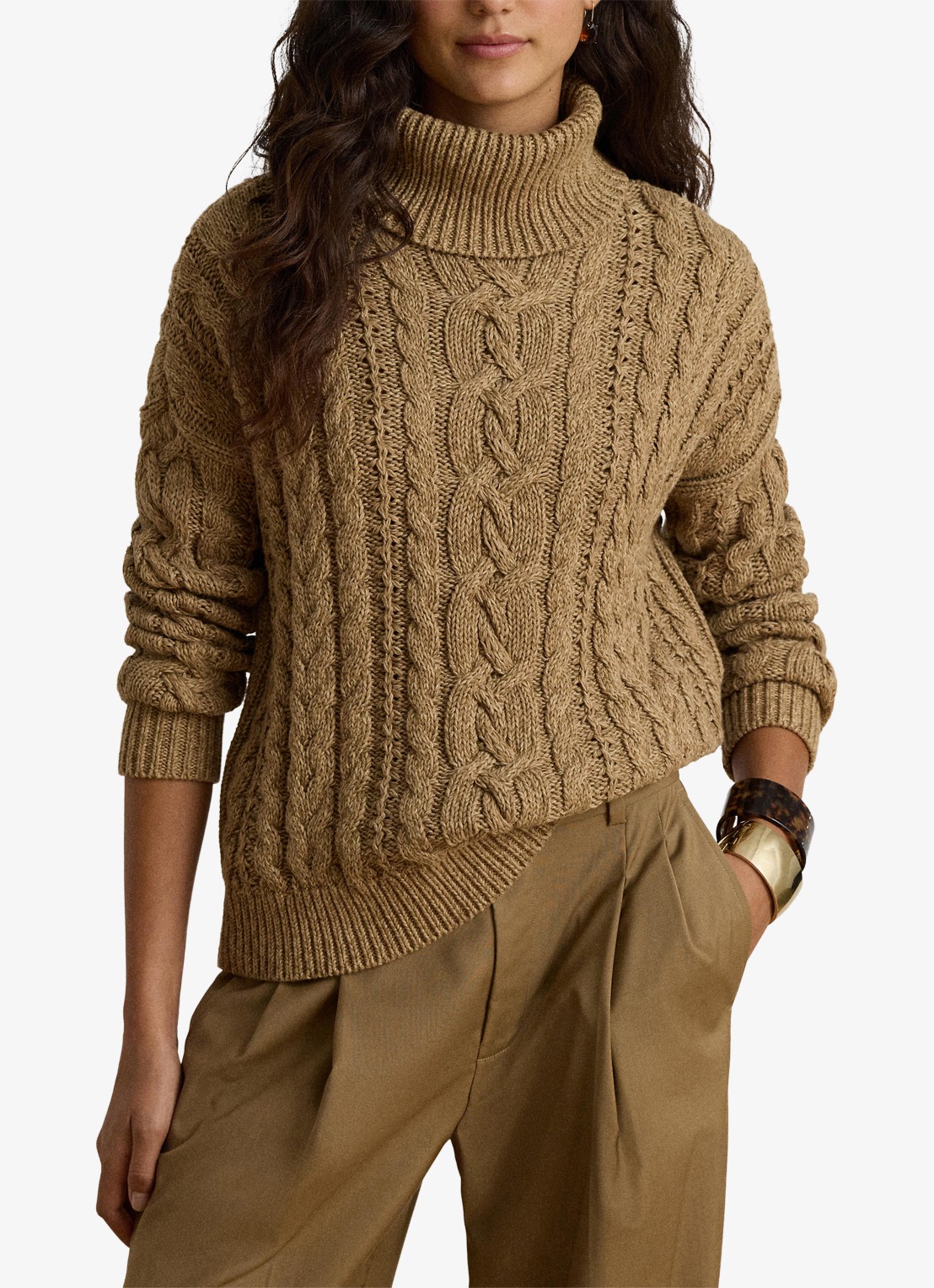 Ralph Lauren Kabelgebreide trui met col - detail camel marl / beige