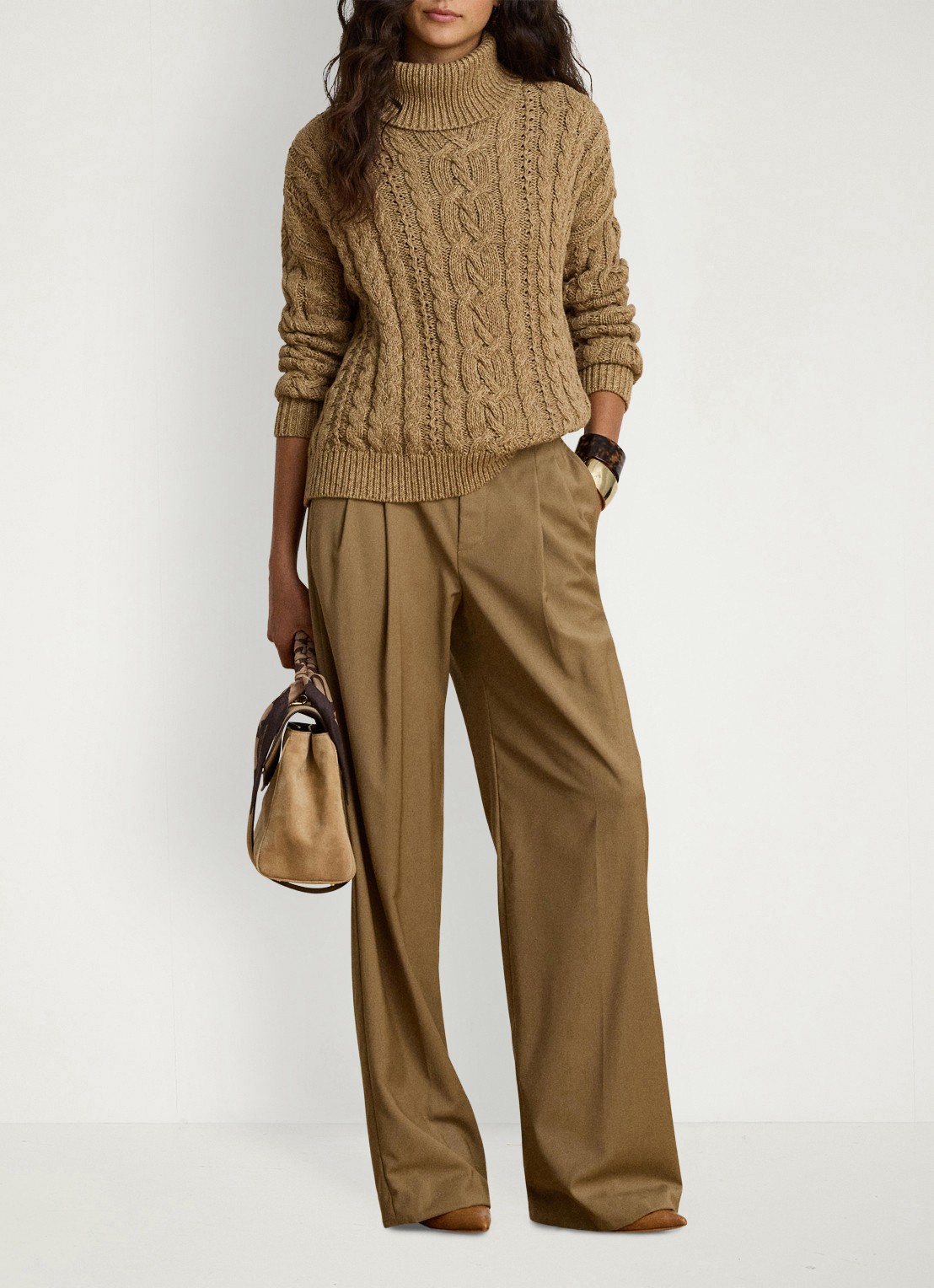 Ralph Lauren Kabelgebreide trui met col - voorkant 5 camel marl / beige