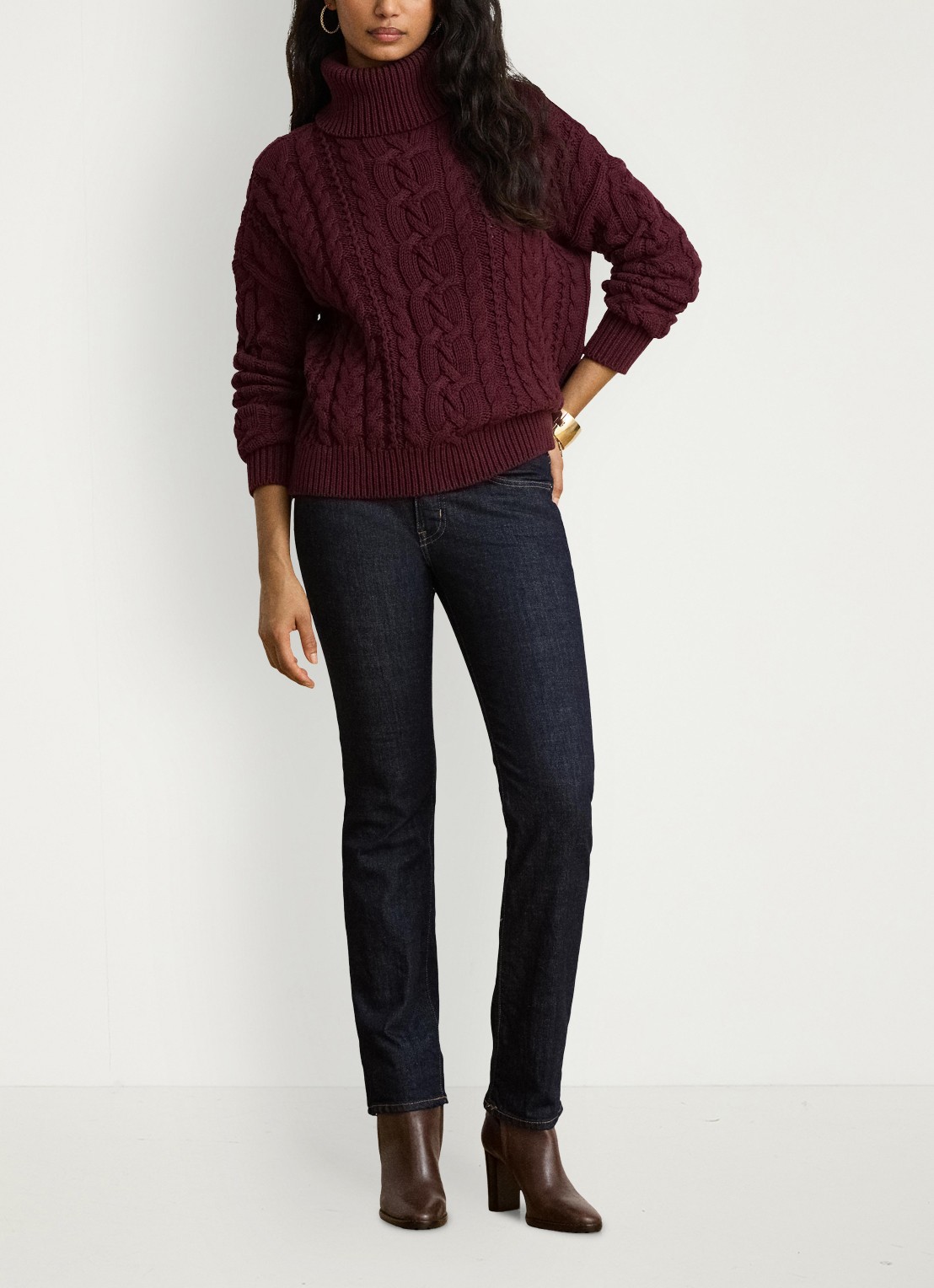 Ralph Lauren Kabelgebreide trui met col - detail 2 dark garnet / bordeauxrood