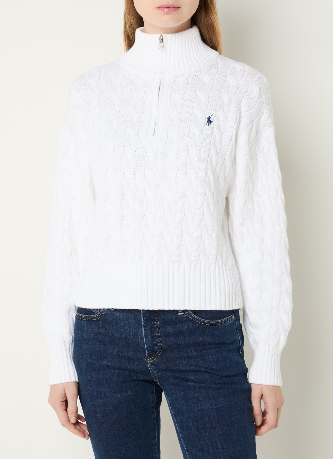 Ralph Lauren Kabelgebreide trui met halve rits en logo - detail 4 wit