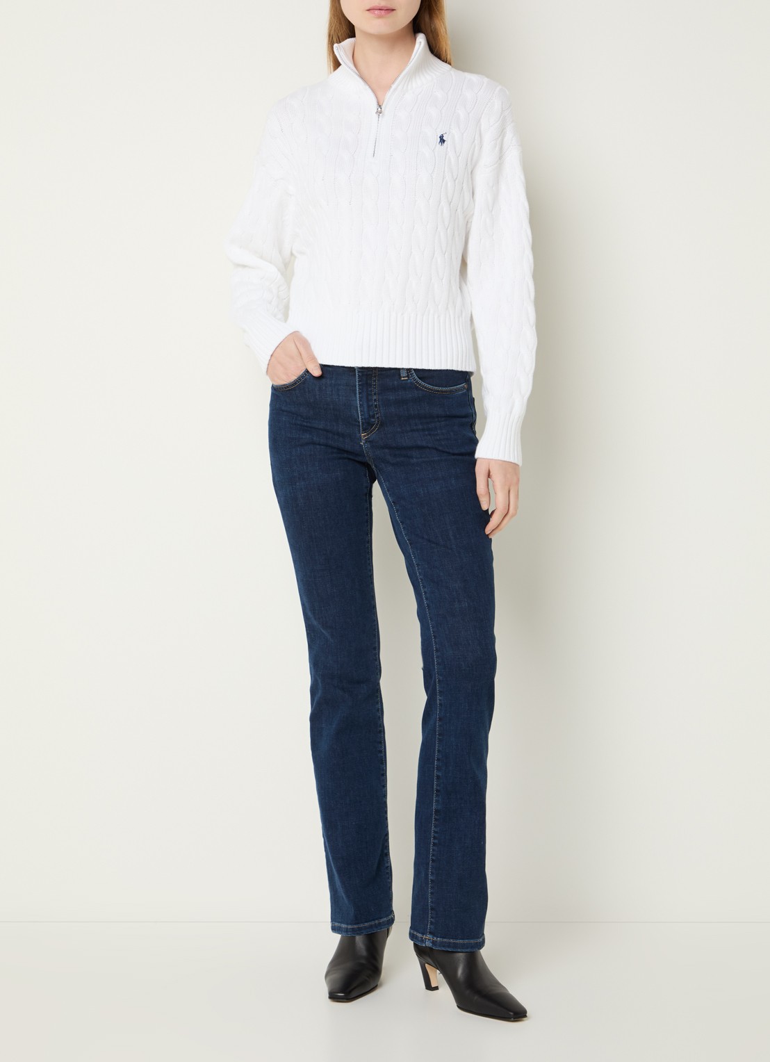 Ralph Lauren Kabelgebreide trui met halve rits en logo - voorkant 3 wit