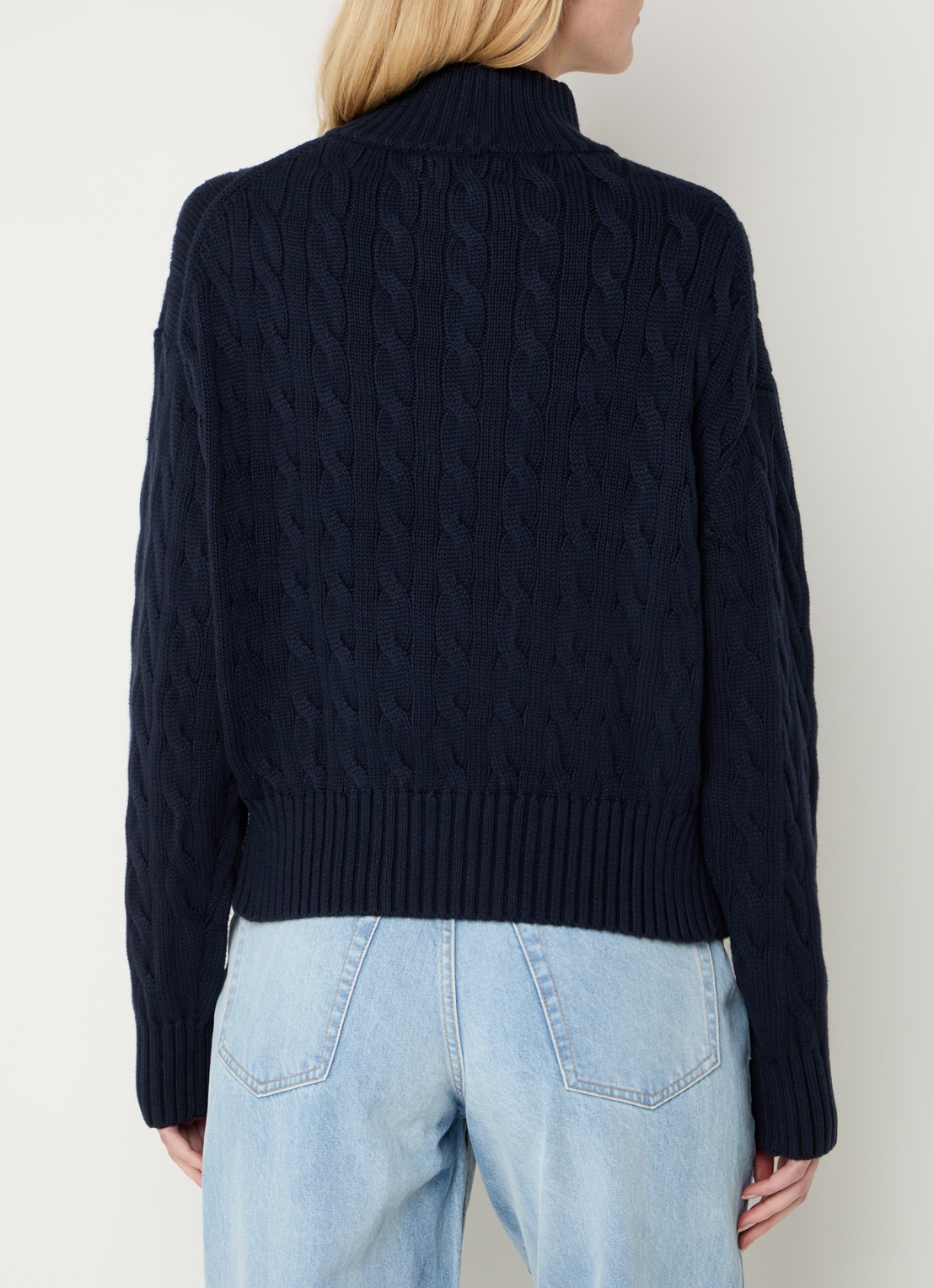 Ralph Lauren Kabelgebreide trui met halve rits en logo - achterkant donkerblauw