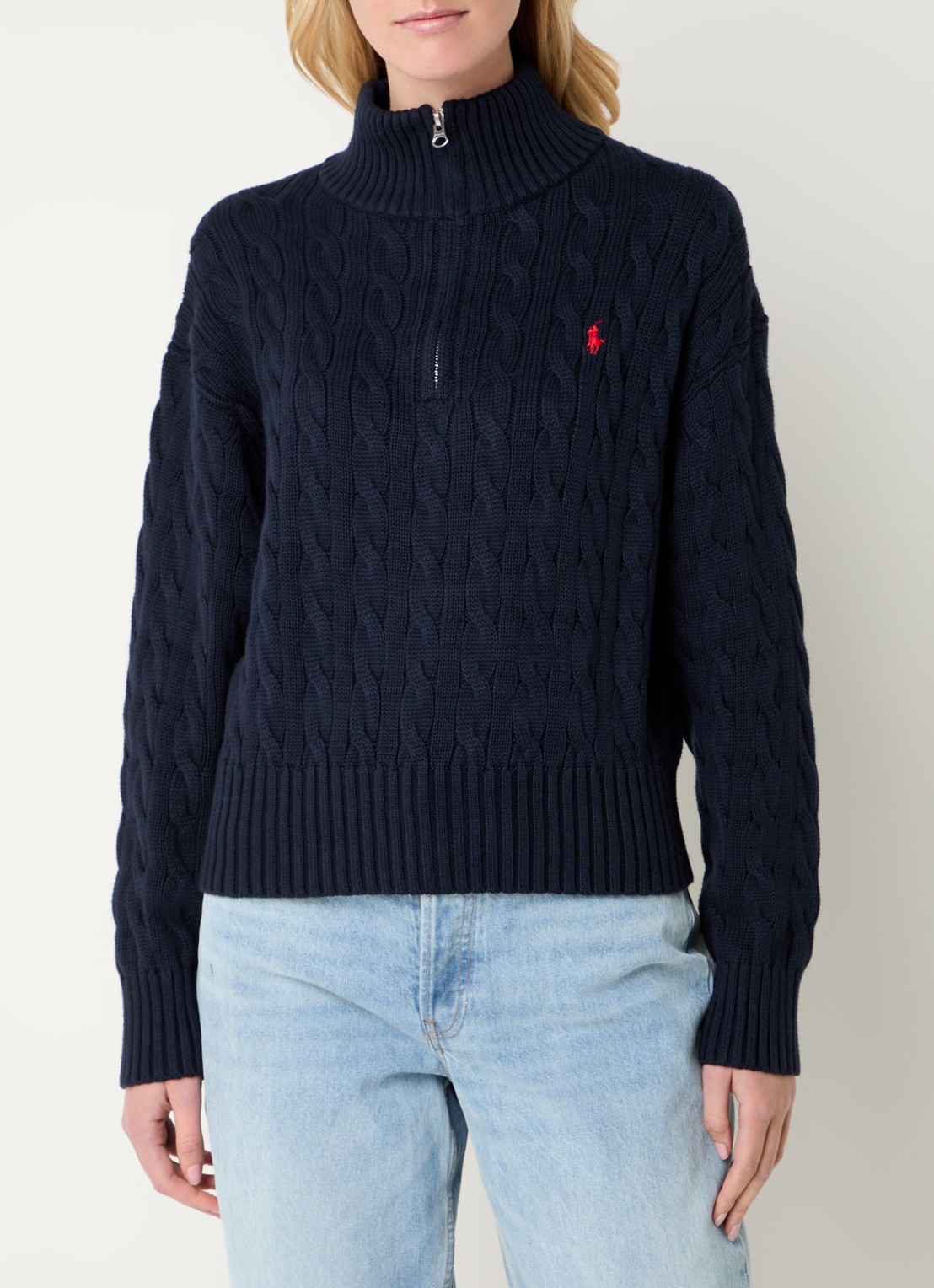Ralph Lauren Kabelgebreide trui met halve rits en logo - detail 4 donkerblauw