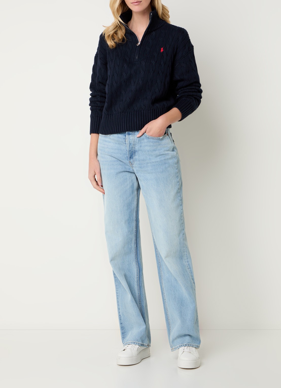 Ralph Lauren Kabelgebreide trui met halve rits en logo - voorkant 3 donkerblauw