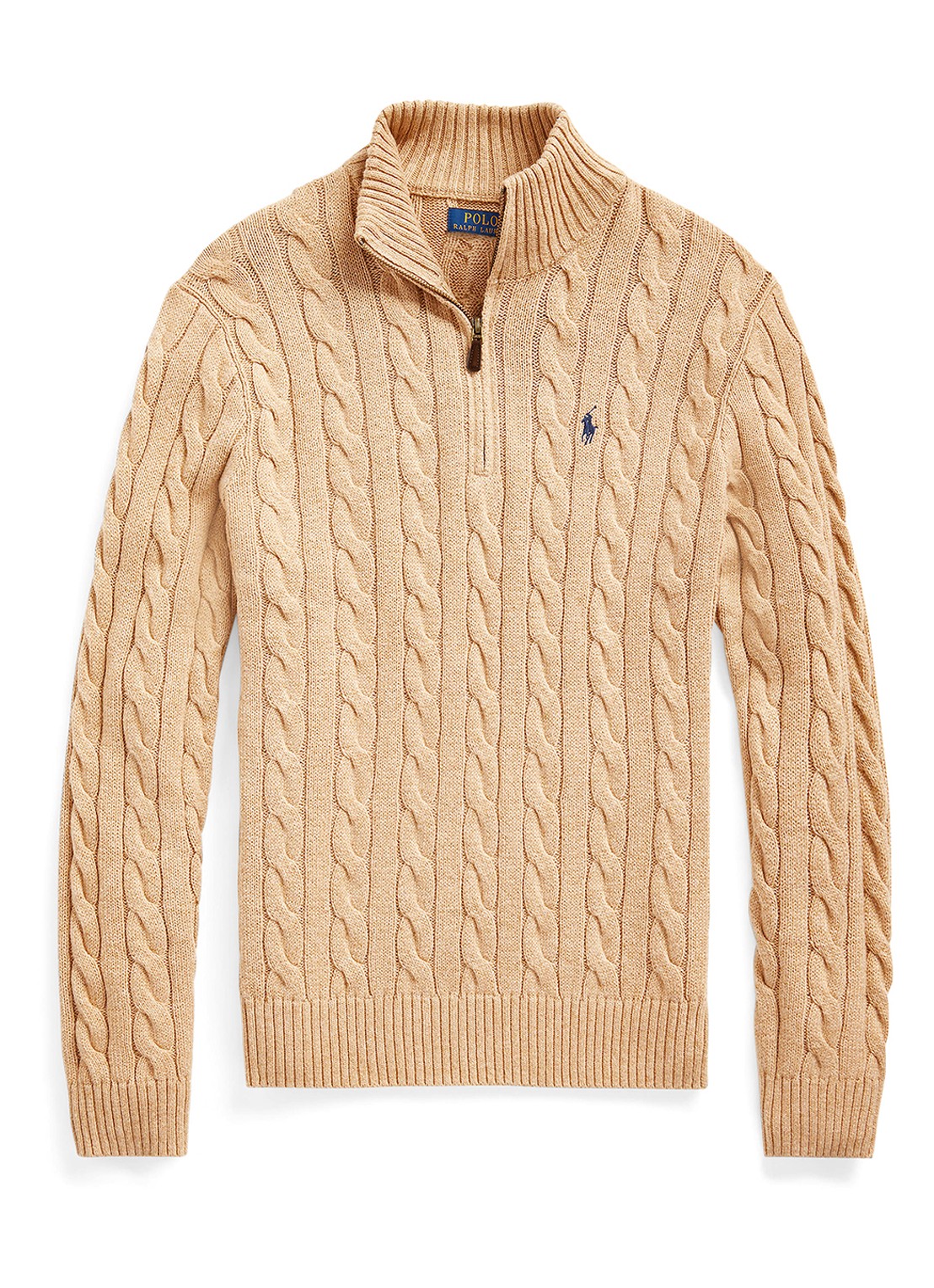 Ralph Lauren Kabelgebreide trui met halve rits - voorkant 4 camel melange / camel