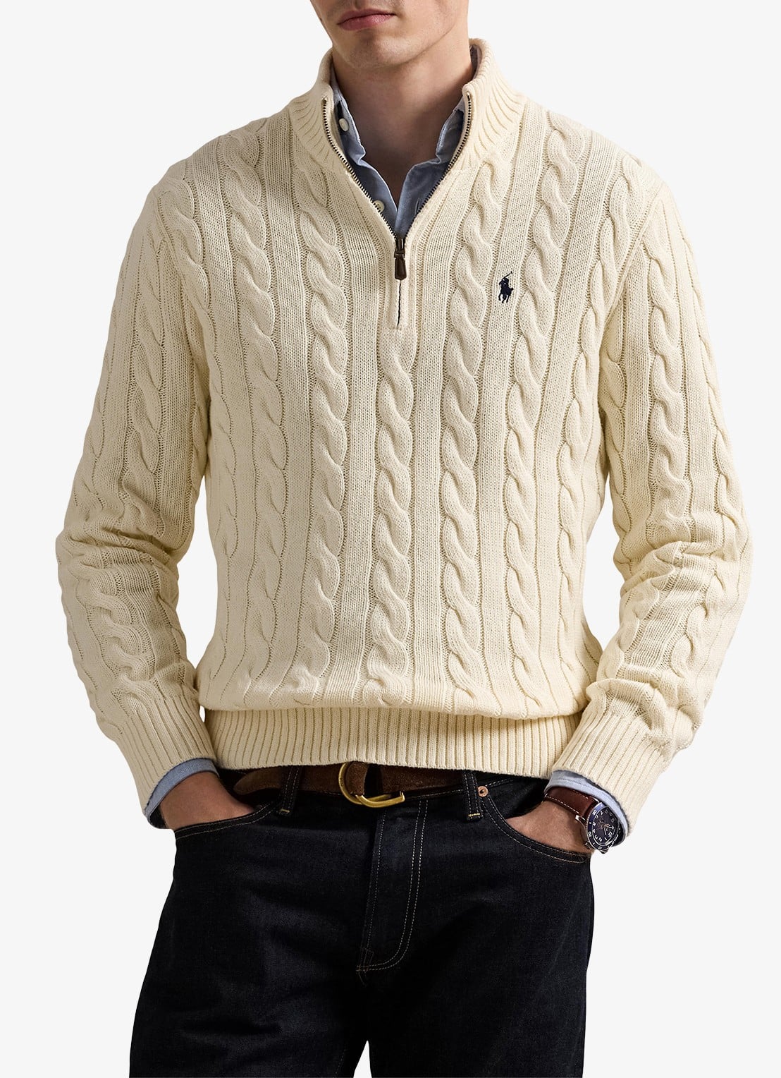 Ralph Lauren Kabelgebreide trui met halve rits - detail 3 andover cream / creme