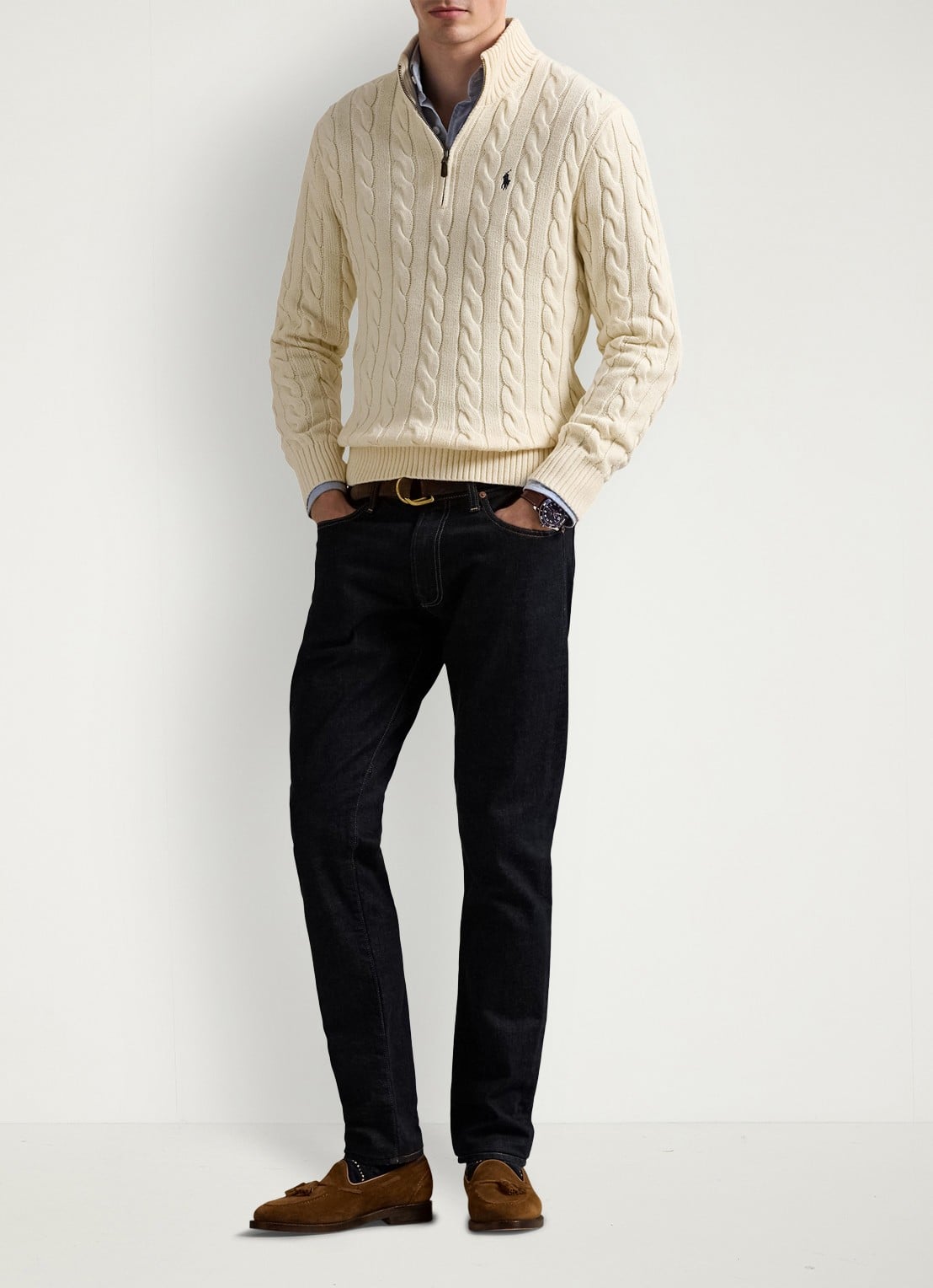 Ralph Lauren Kabelgebreide trui met halve rits - voorkant 2 andover cream / creme