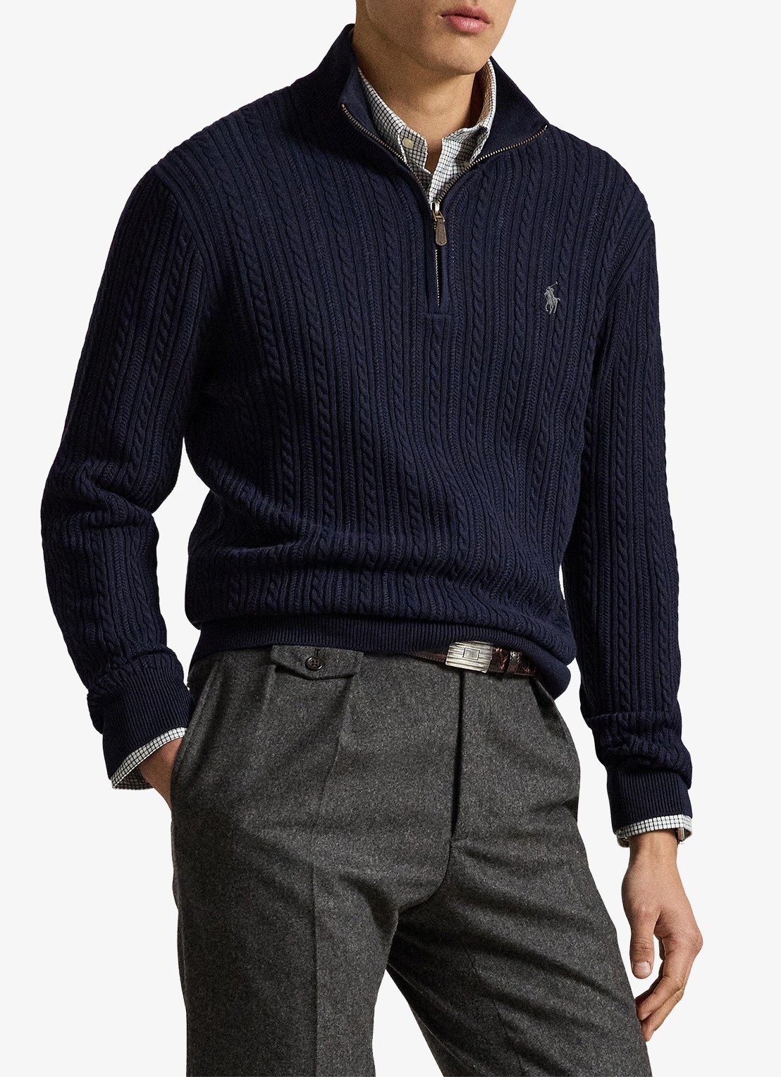 Ralph Lauren Kabelgebreide trui met halve rits - voorkant 2 blauw