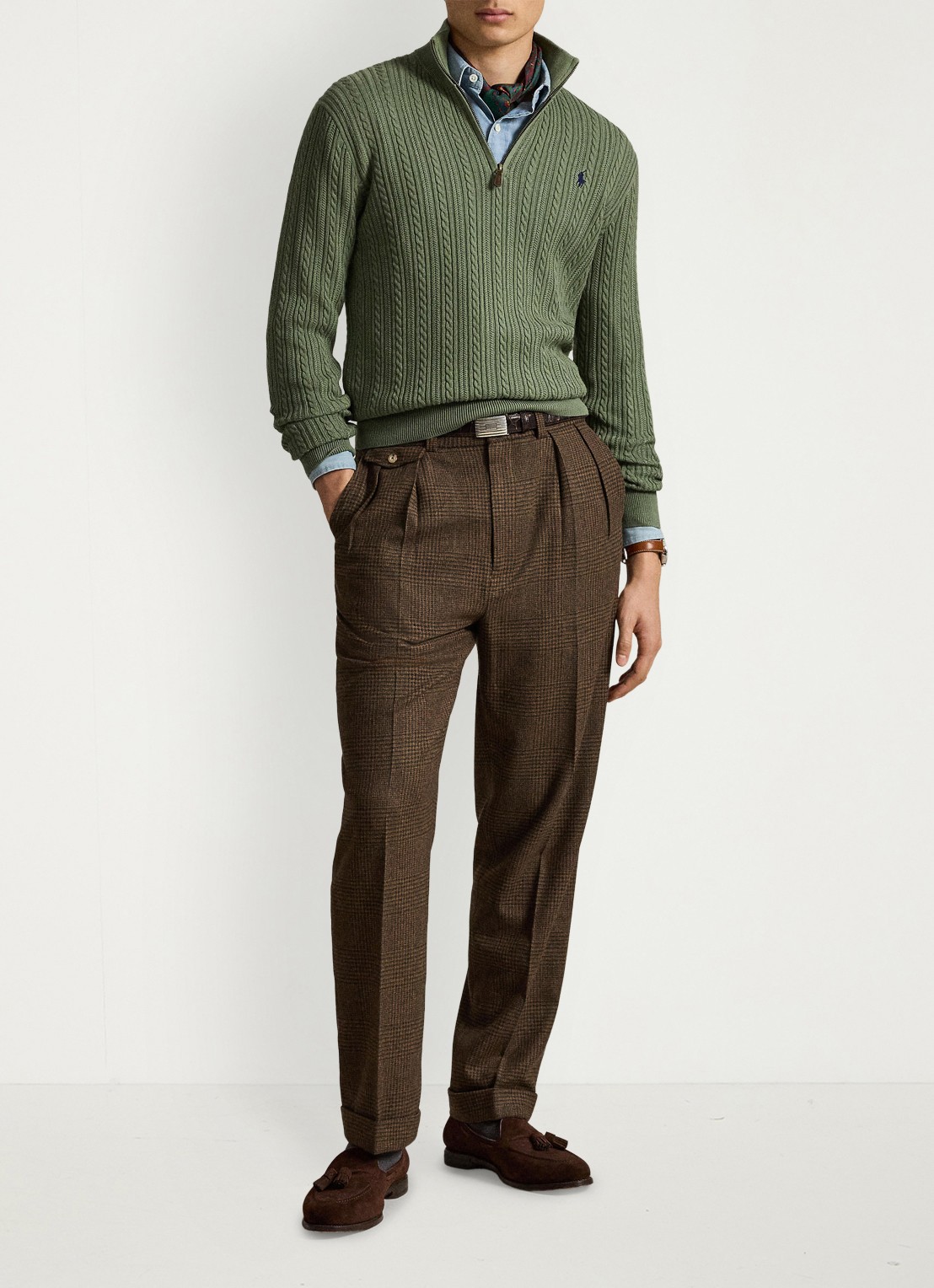 Ralph Lauren Kabelgebreide trui met halve rits - detail cargo green / legergroen