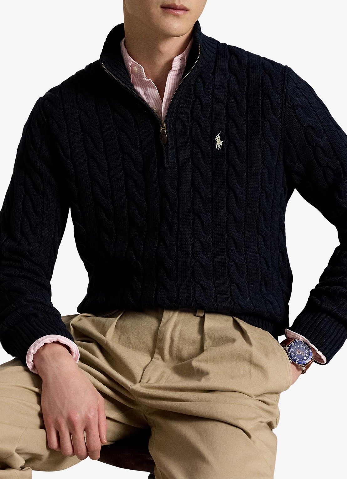 Ralph Lauren Kabelgebreide trui met halve rits - voorkant 3 hunter navy / donkerblauw