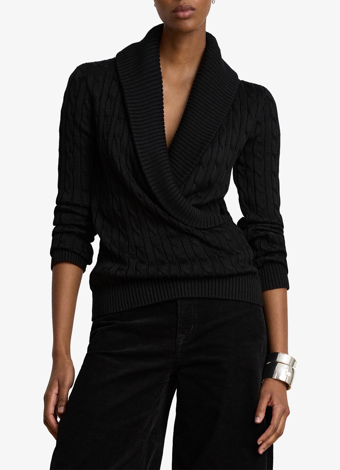 Ralph Lauren Kabelgebreide trui met kraag - detail 4 zwart