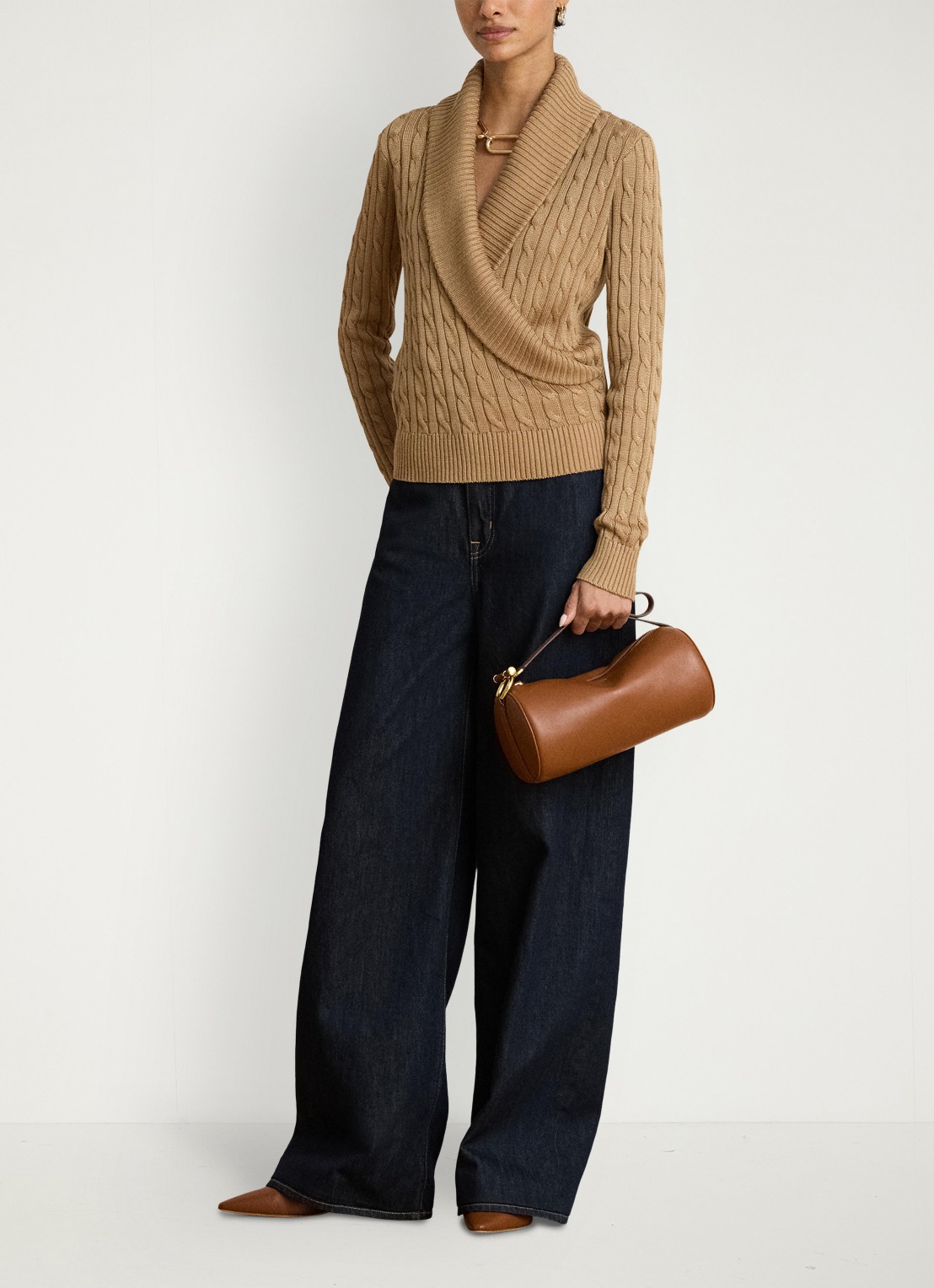Ralph Lauren Kabelgebreide trui met kraag - detail 2 lauren camel / beige