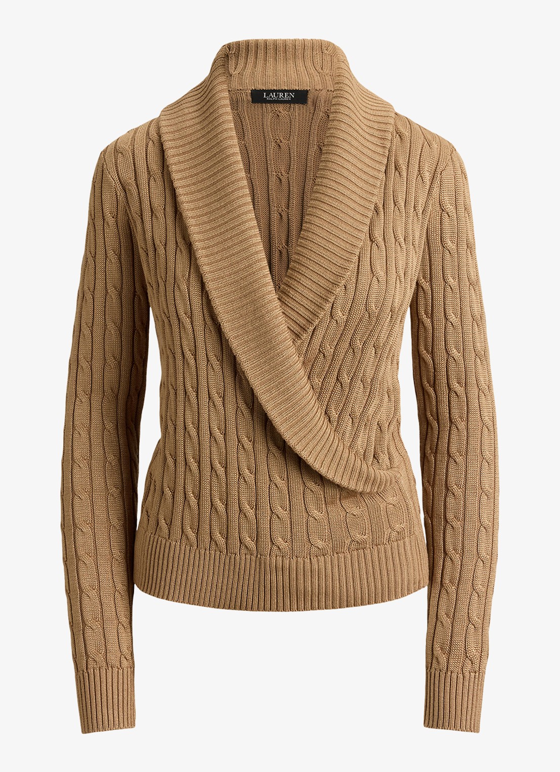 Ralph Lauren Kabelgebreide trui met kraag - voorkant 4 lauren camel / beige