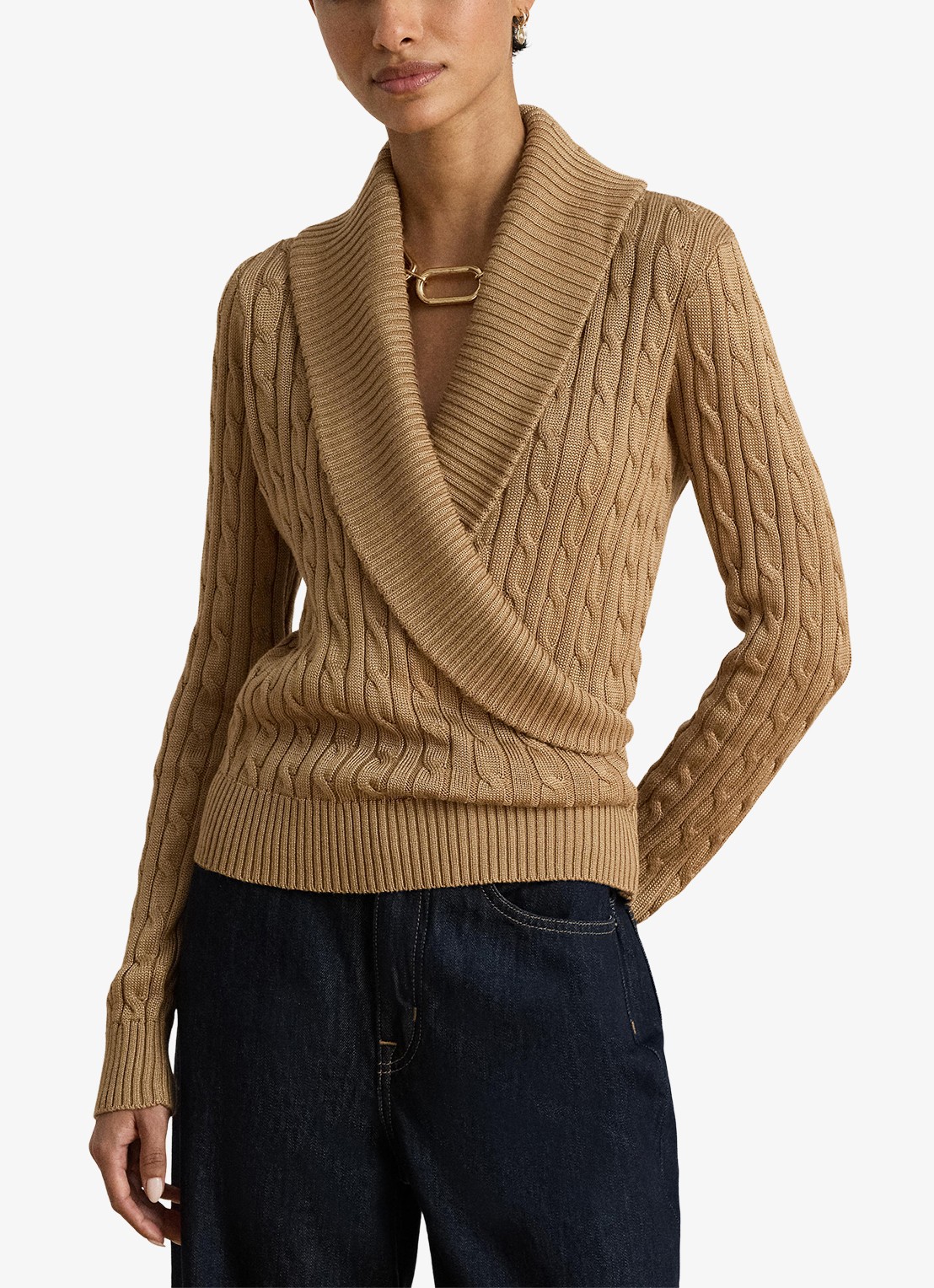 Ralph Lauren Kabelgebreide trui met kraag - voorkant 5 lauren camel / beige