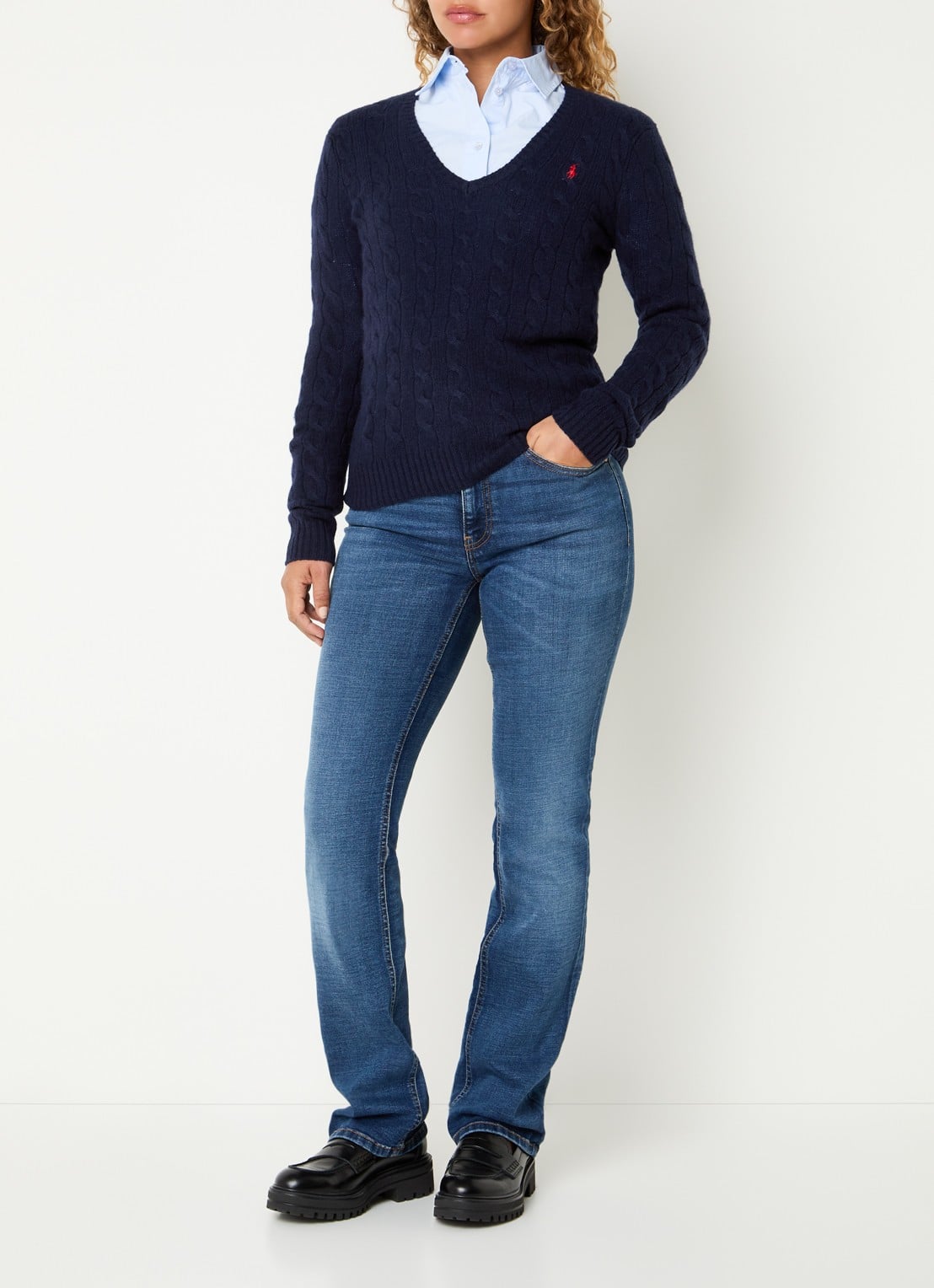 Ralph Lauren Kabelgebreide trui met logo borduring - voorkant 3 donkerblauw
