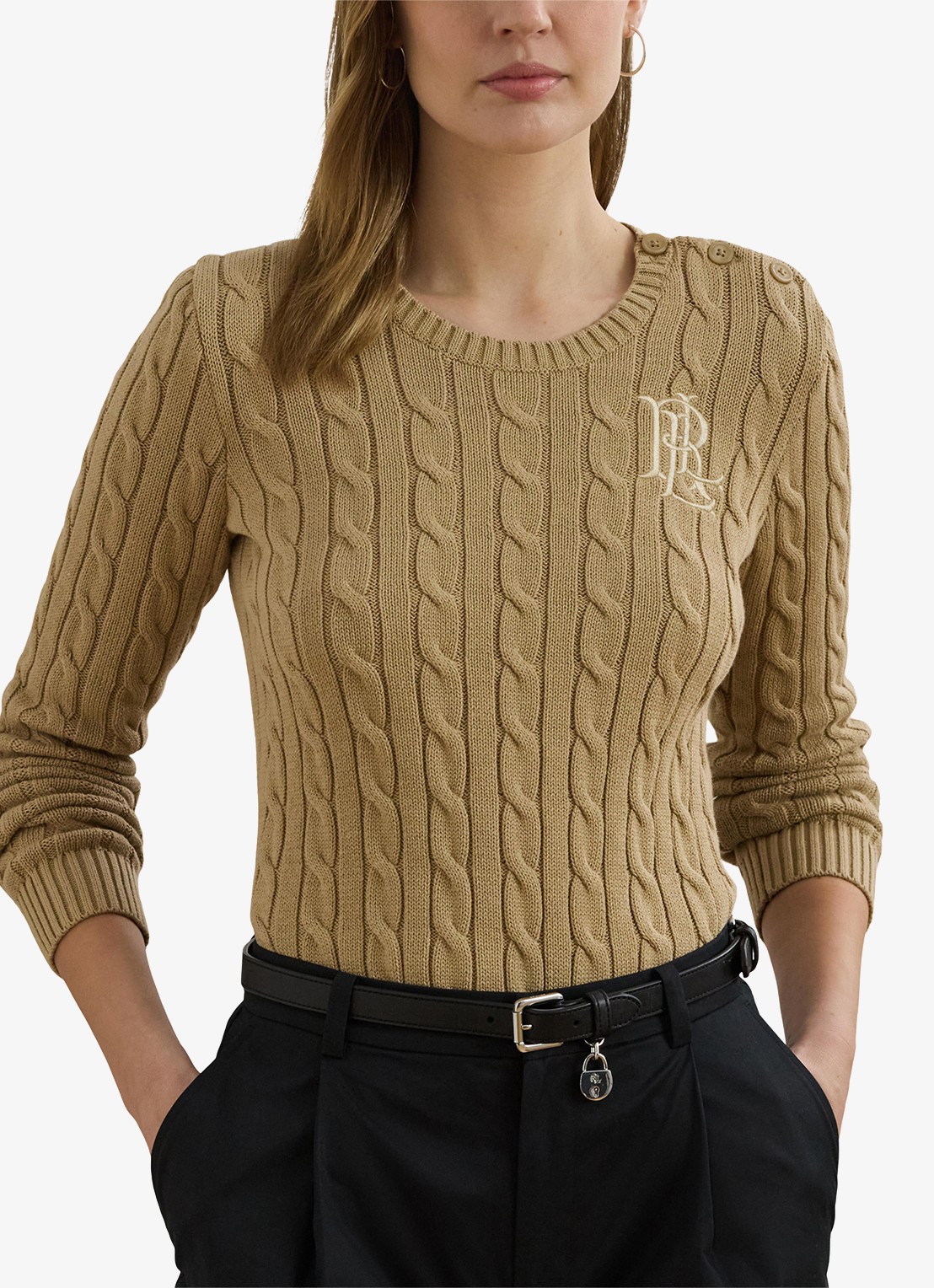 Ralph Lauren Kabelgebreide trui met logoborduring - detail birch tan / beige