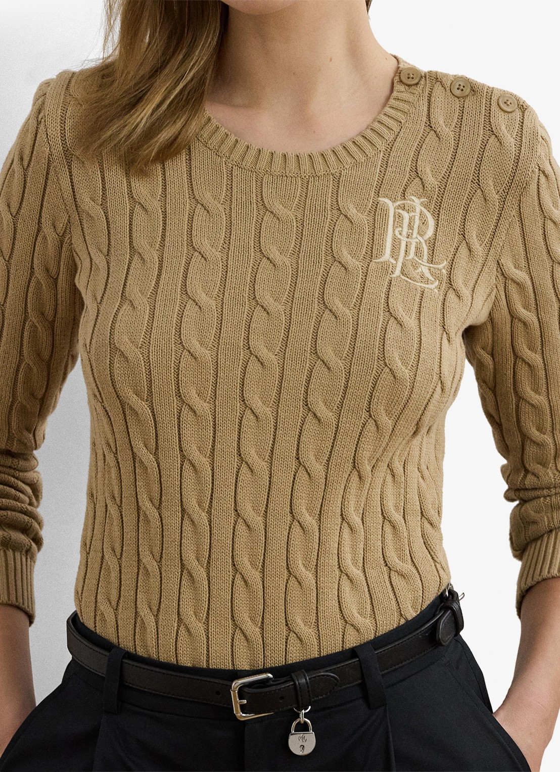 Ralph Lauren Kabelgebreide trui met logoborduring - detail 2 birch tan / beige
