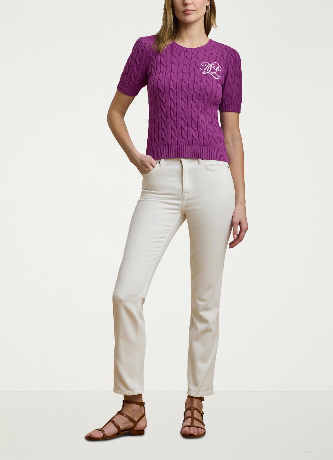 Ralph Lauren Kabelgebreide trui met logoborduring - voorkant 5 paars