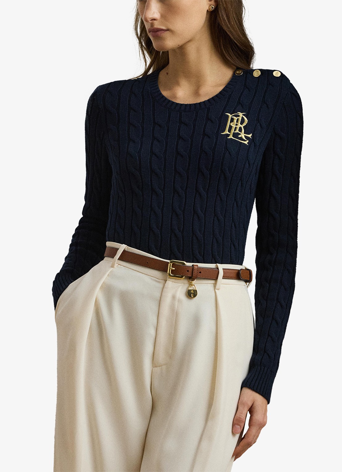 Ralph Lauren Kabelgebreide trui met logoborduring - detail blauw
