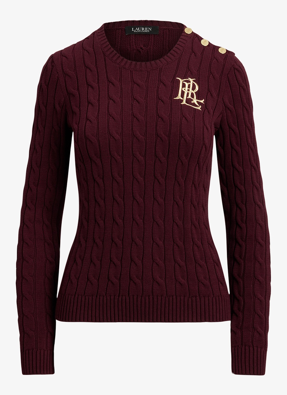 Ralph Lauren Kabelgebreide trui met logoborduring - voorkant 3 dark garnet / bordeauxrood