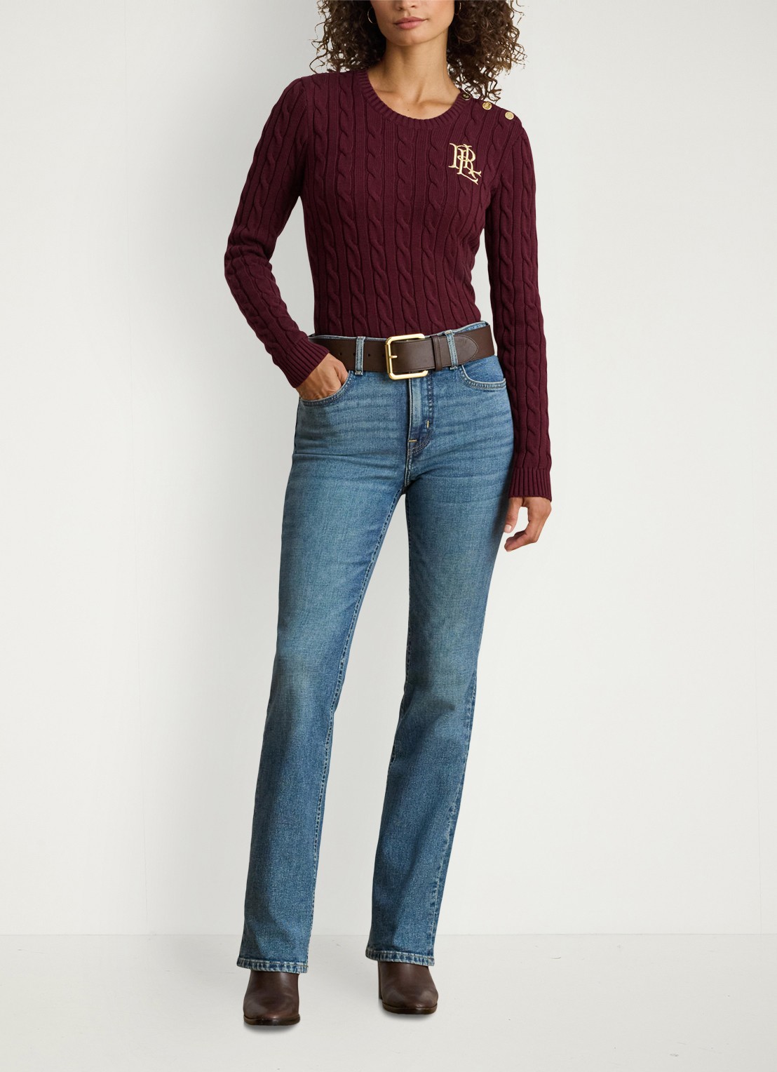 Ralph Lauren Kabelgebreide trui met logoborduring - voorkant 4 dark garnet / bordeauxrood