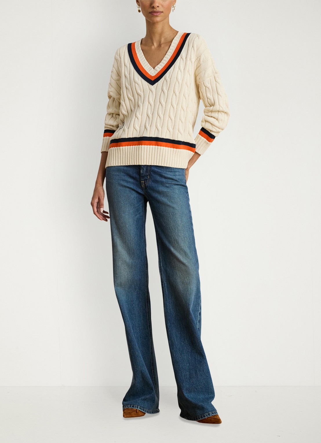 Ralph Lauren Kabelgebreide trui met logoborduring - voorkant 2 creme