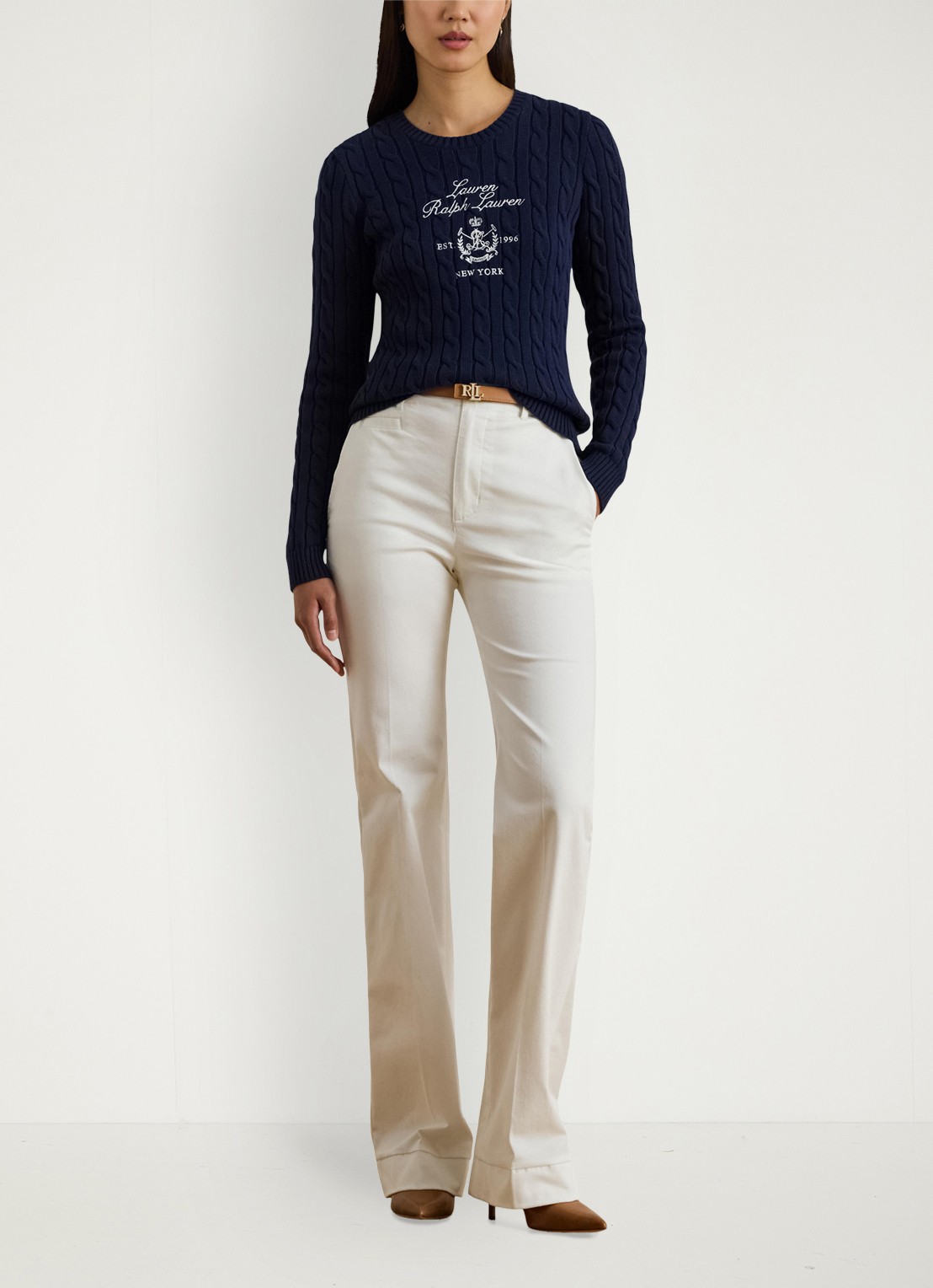 Ralph Lauren Kabelgebreide trui met logoborduring - voorkant 2 donkerblauw