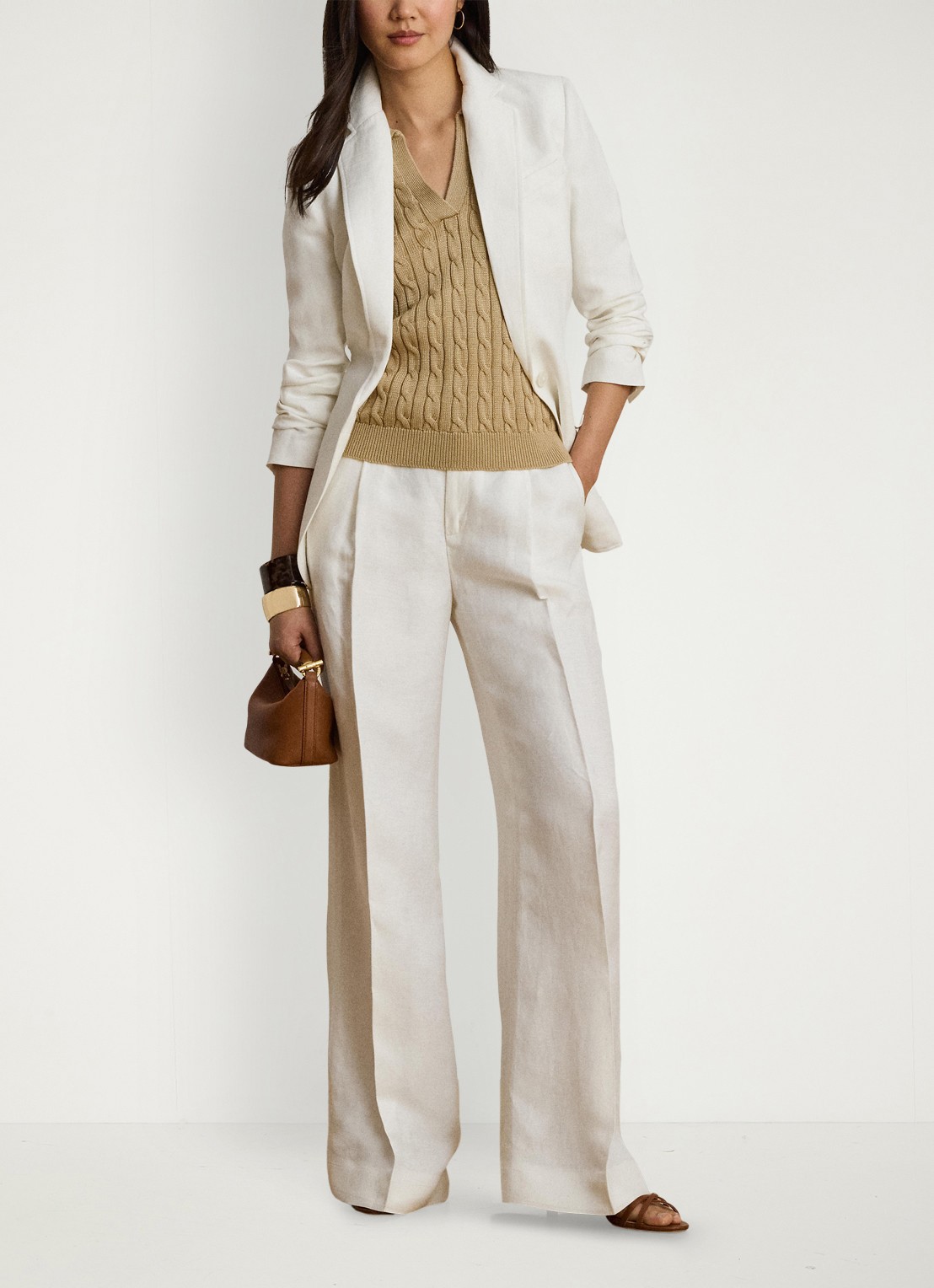 Ralph Lauren Kabelgebreide trui met logoborduring - voorkant 3 birch tan / beige